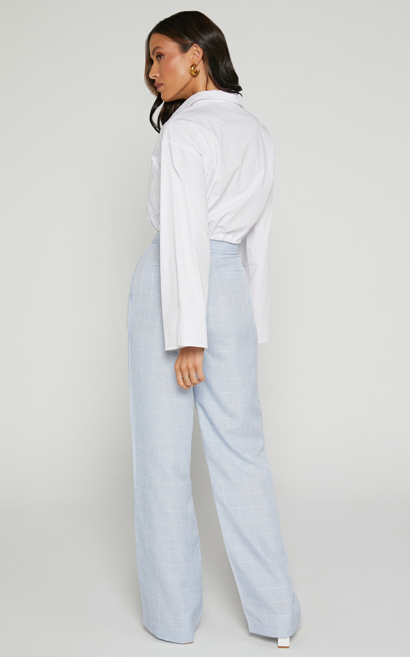 Hollie Tailored Pant - High Waisted Relaxed Straight Leg in Light Blue Check