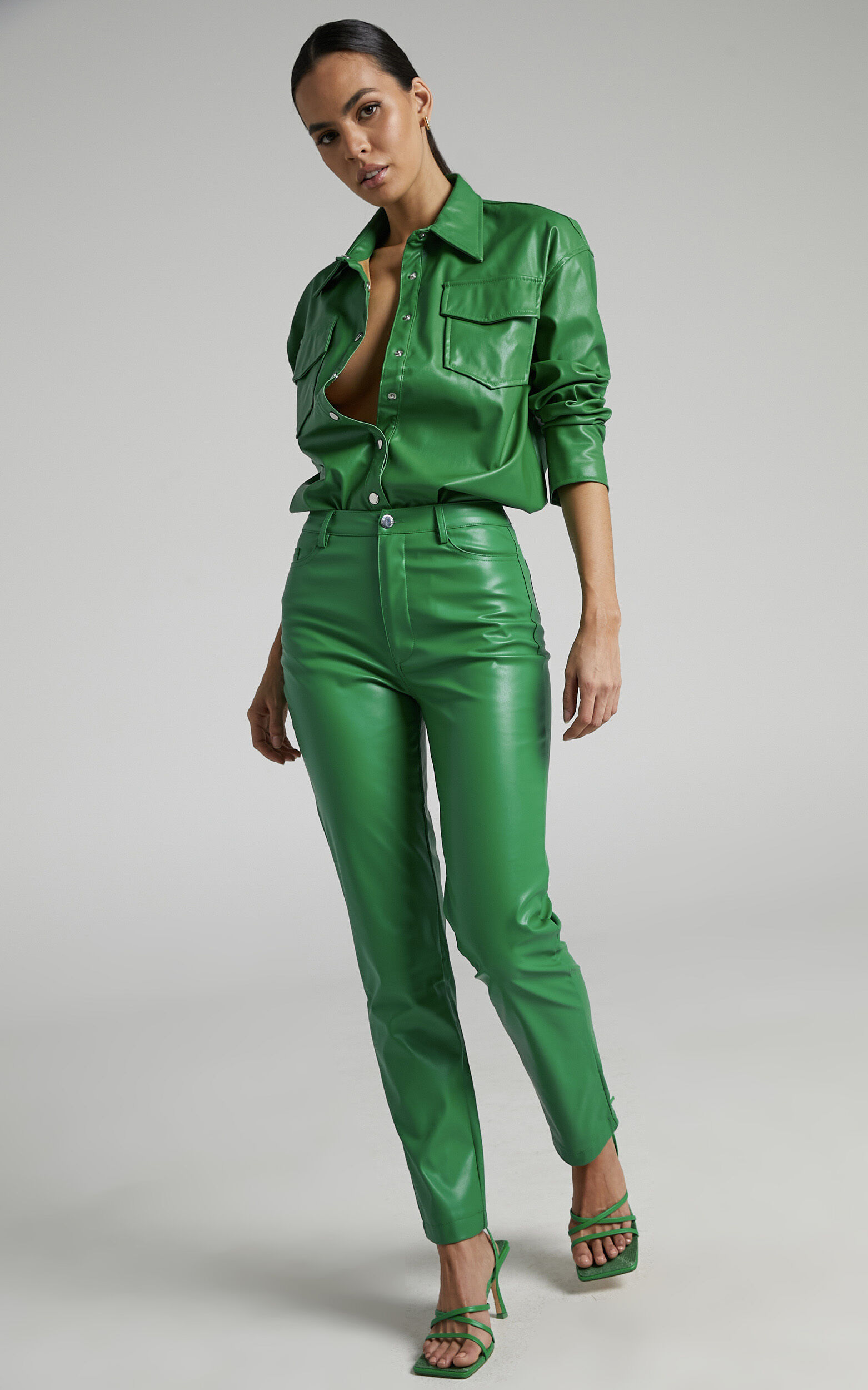 Mango faux leather pants in green | ASOS