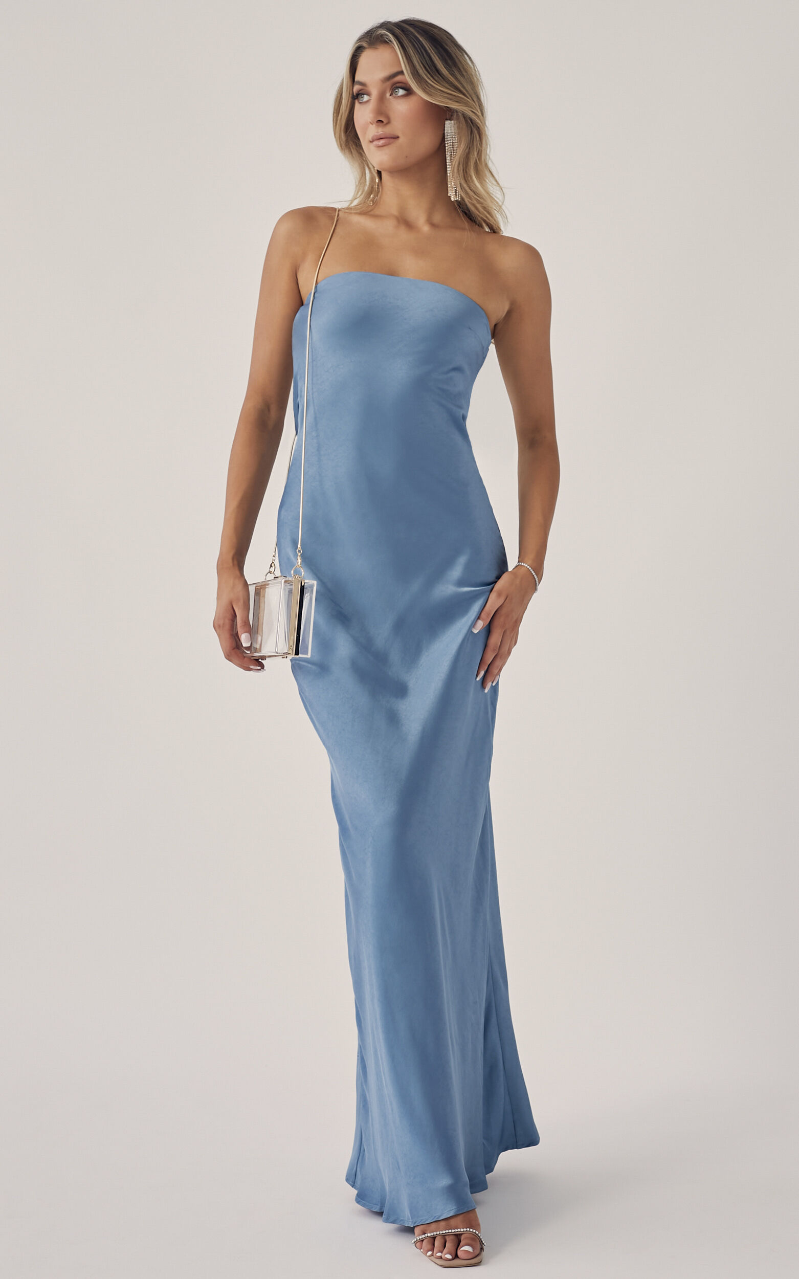 Charlita Maxi Dress - Strapless Cowl Back Satin Dress in Steel Blue ...