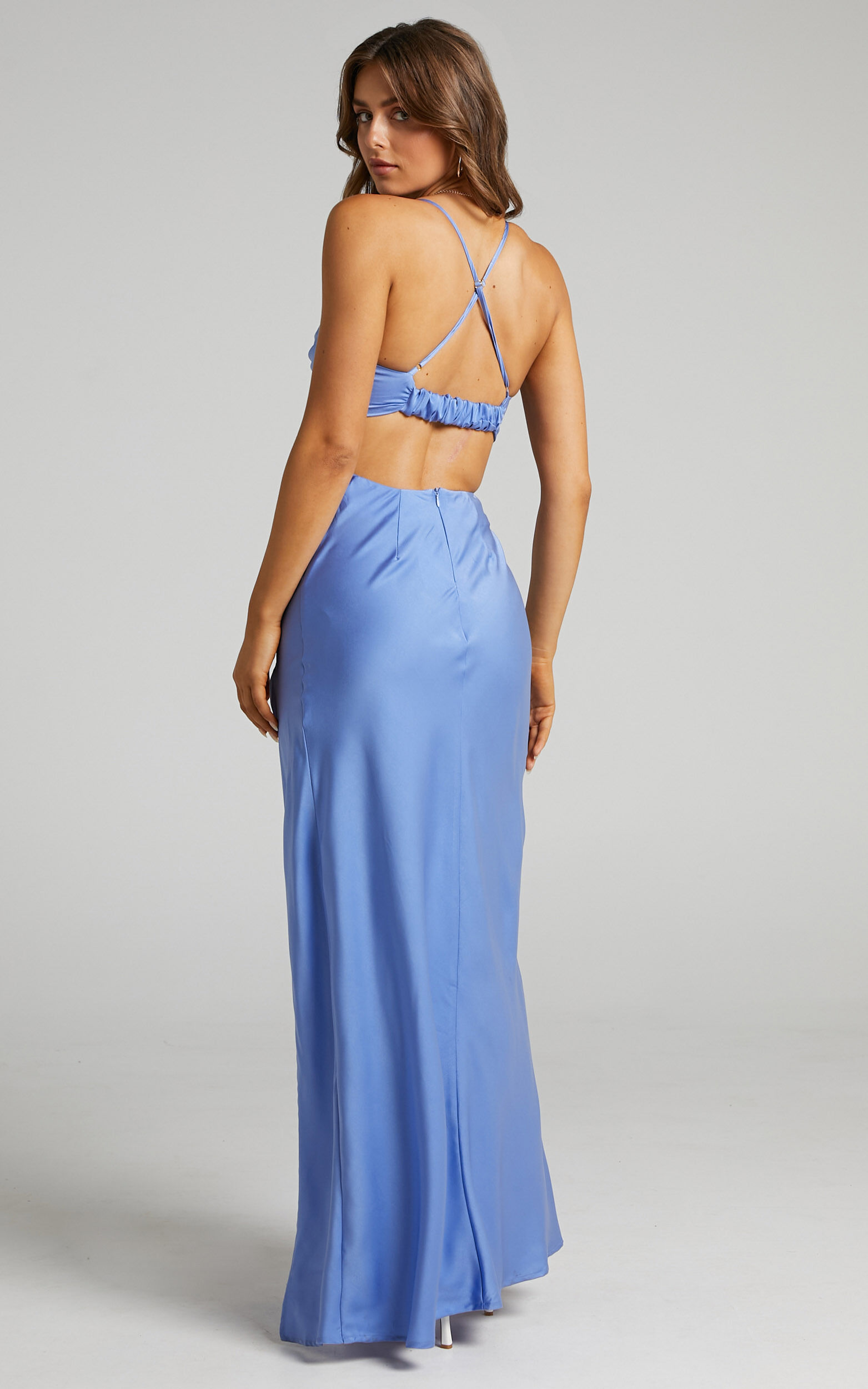 Sophie Midi Dress - Cowl Neck Cross Back Dress in Blue | Showpo