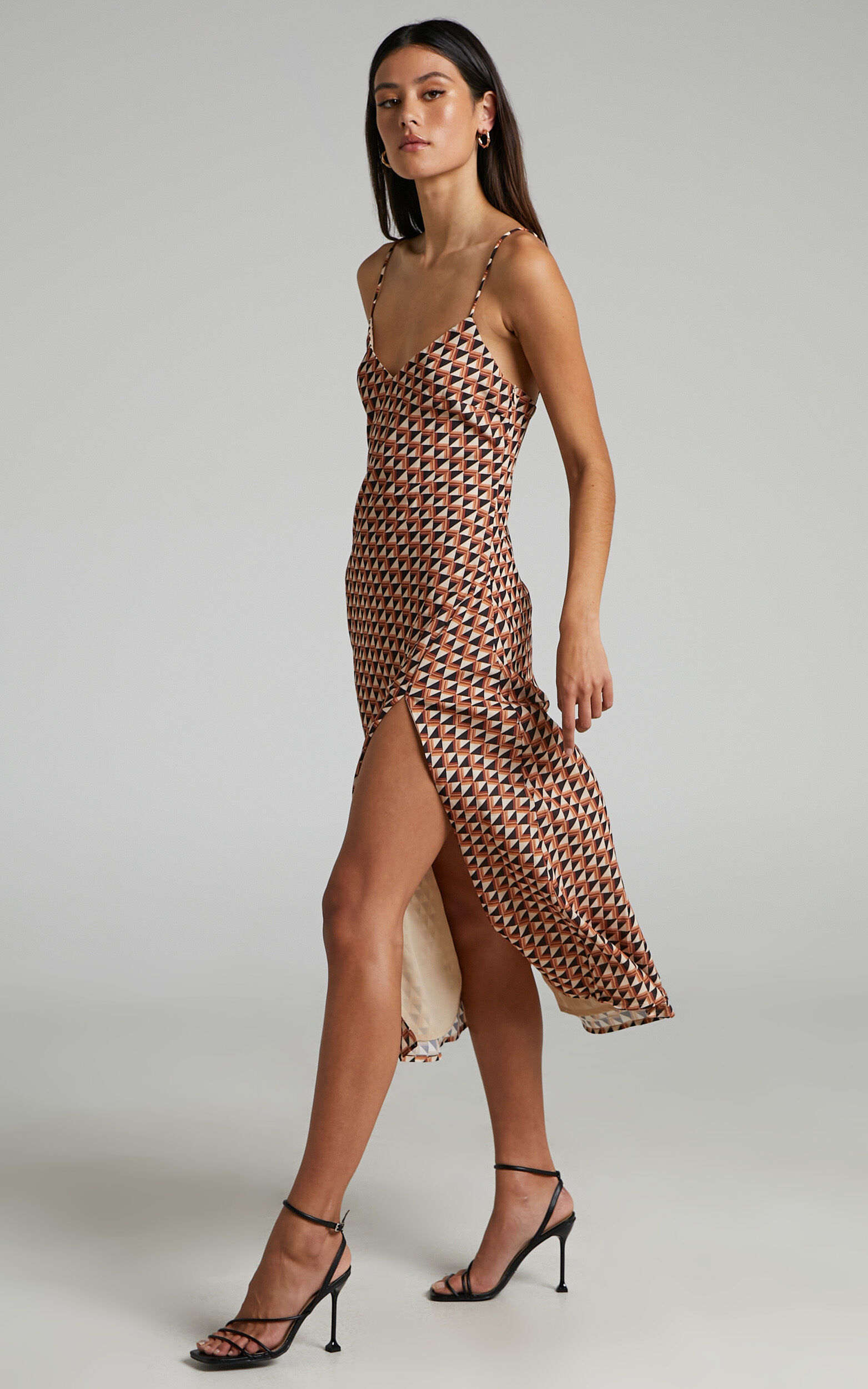 Leivi Midi Dress - Thigh Split Slip Dress in Mod Geo | Showpo USA