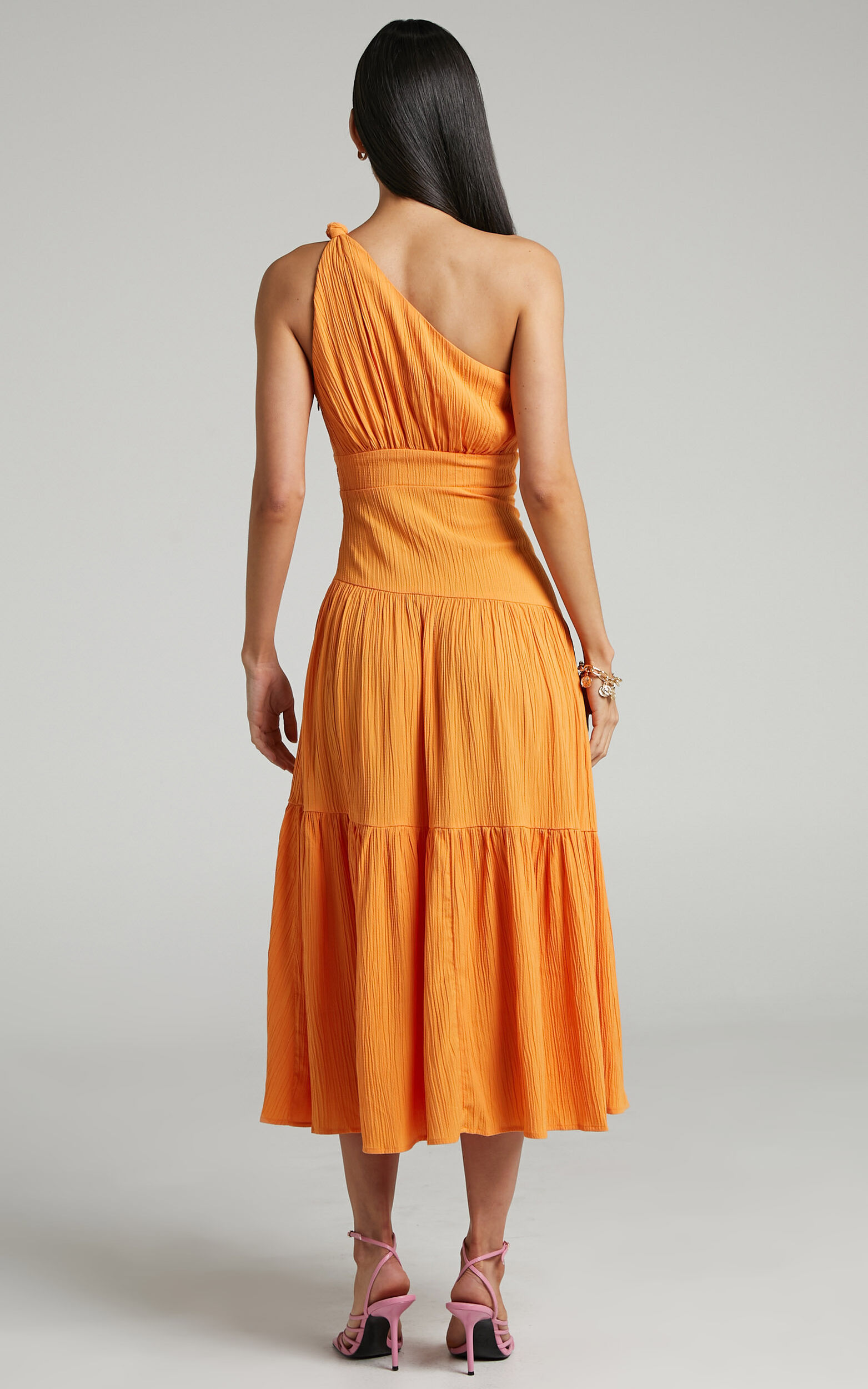 Celestia Midi Dress Tiered One Shoulder Dress In Mango Showpo Usa