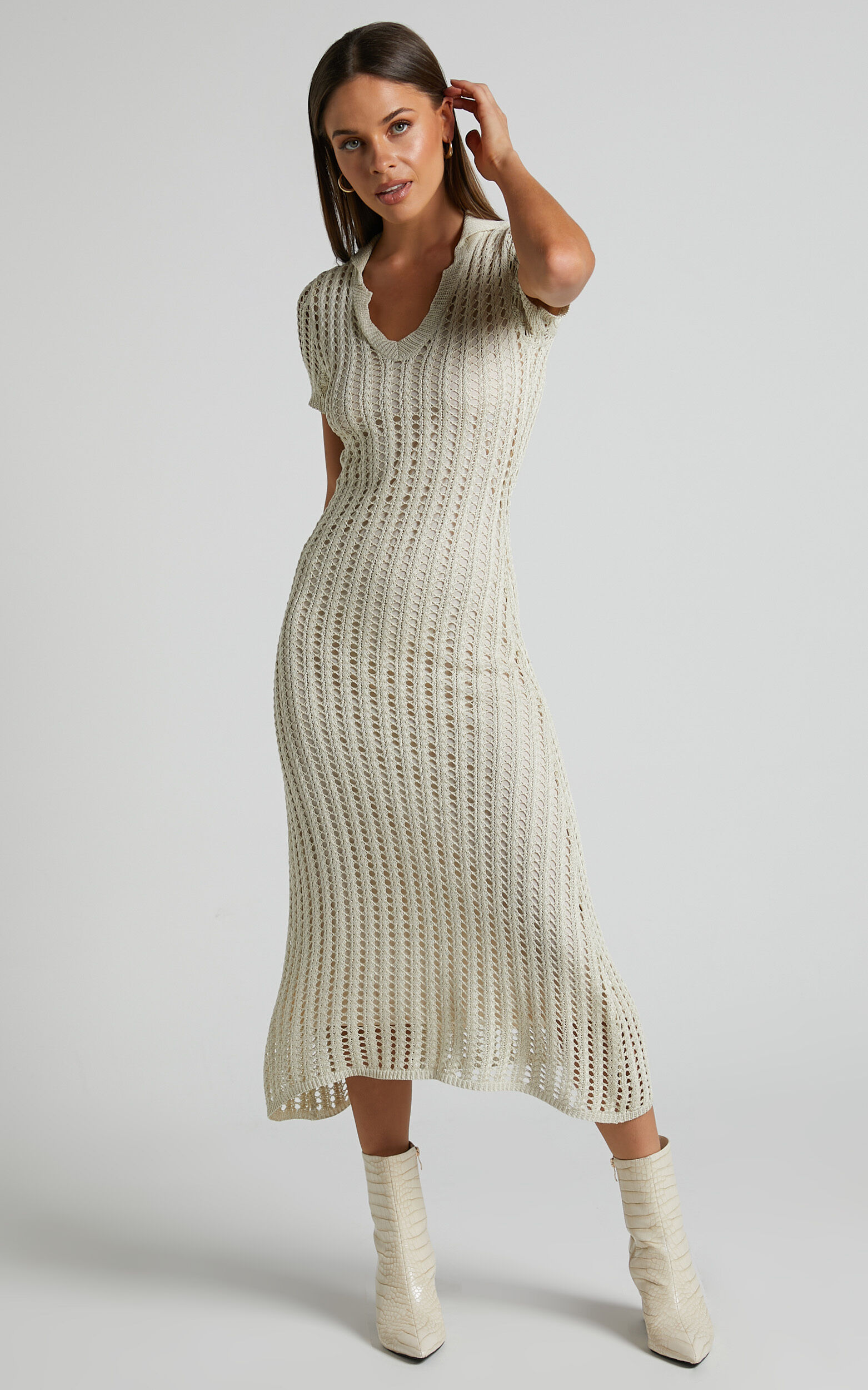 Jolie Midi Dress - Crochet Collared Short Sleeve Dress in Cream ...