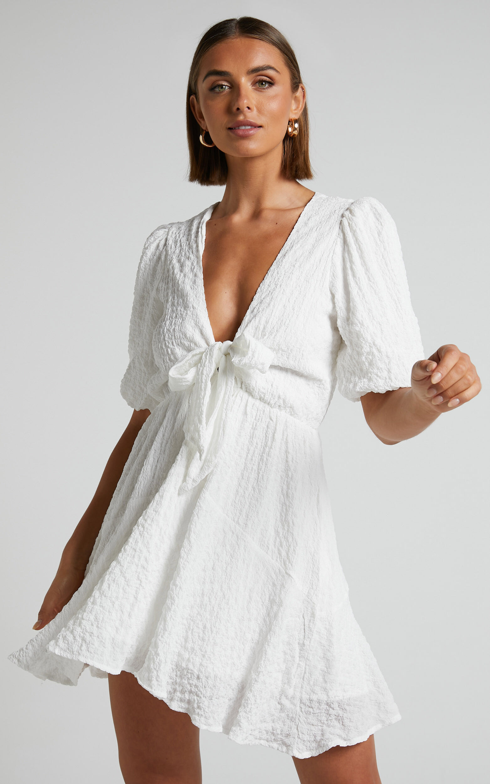 Rosalei Mini Dress - Puff Sleeve Tie Front Dress in White | Showpo