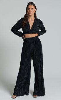 Karla Two Piece Set - Button Up Shirt and Wide Leg Pants Set in Black &  Sand Print