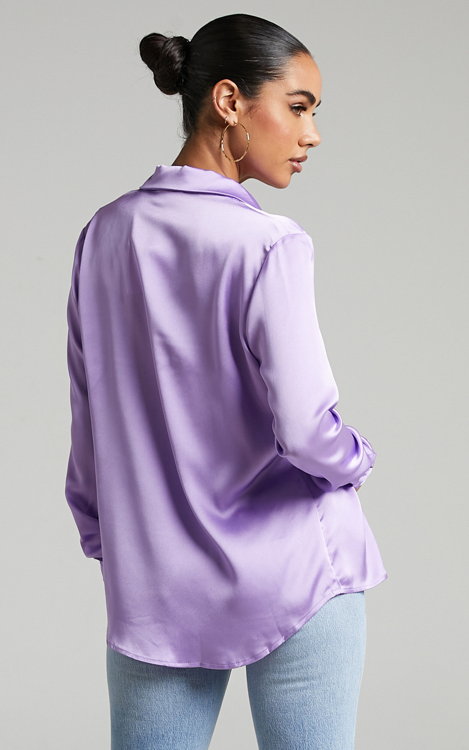 Tinna Longsleeve Showpo Lilac Satin | Shirt in Collared Button Up USA