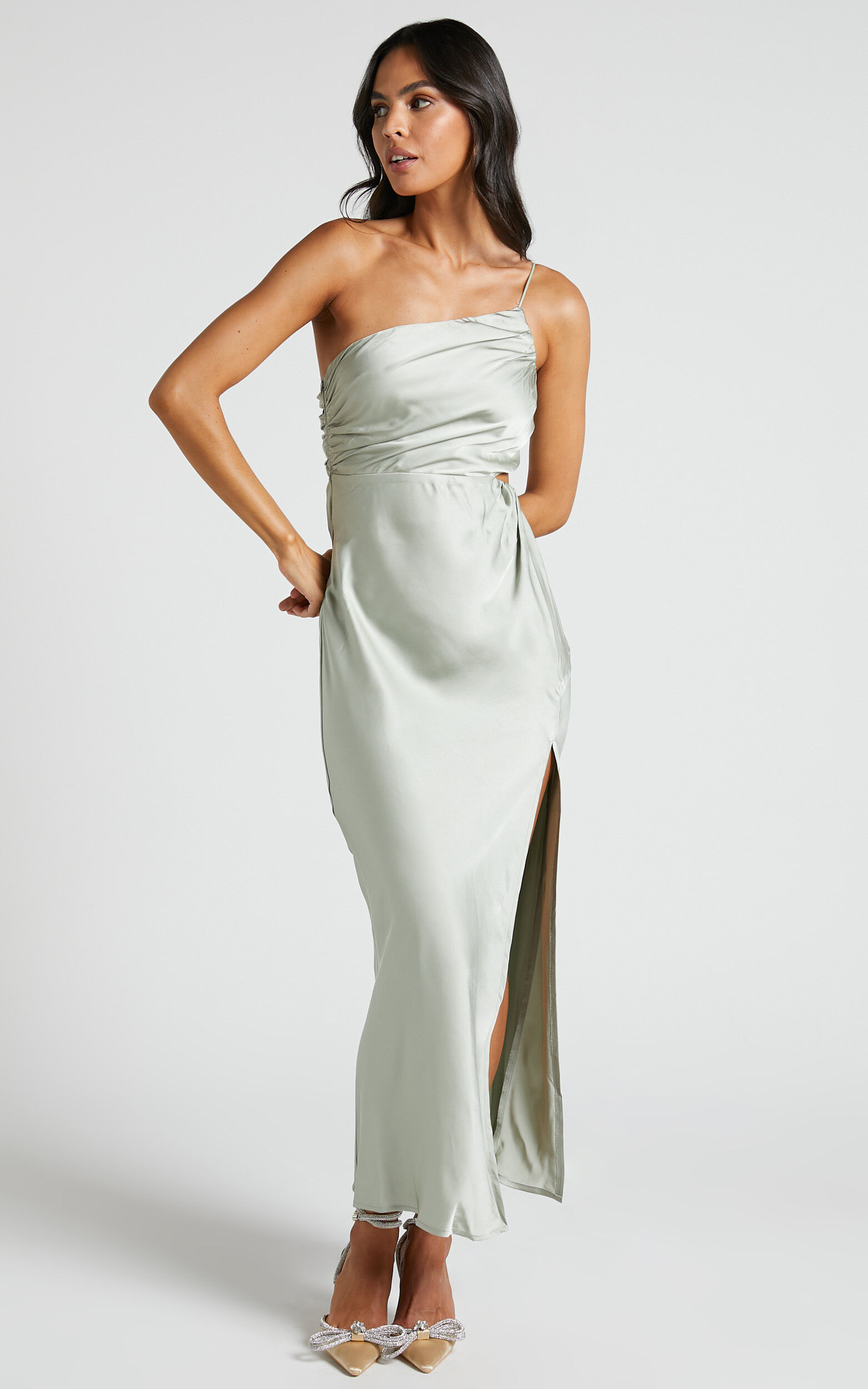 Olivia Midi Dress - Strapless Gathered Side Split Satin Dress in Champagne