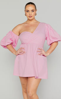 Sula Mini Dress - Asymmetric Puff Sleeve | One Pink in USA Dress Off Showpo Shoulder