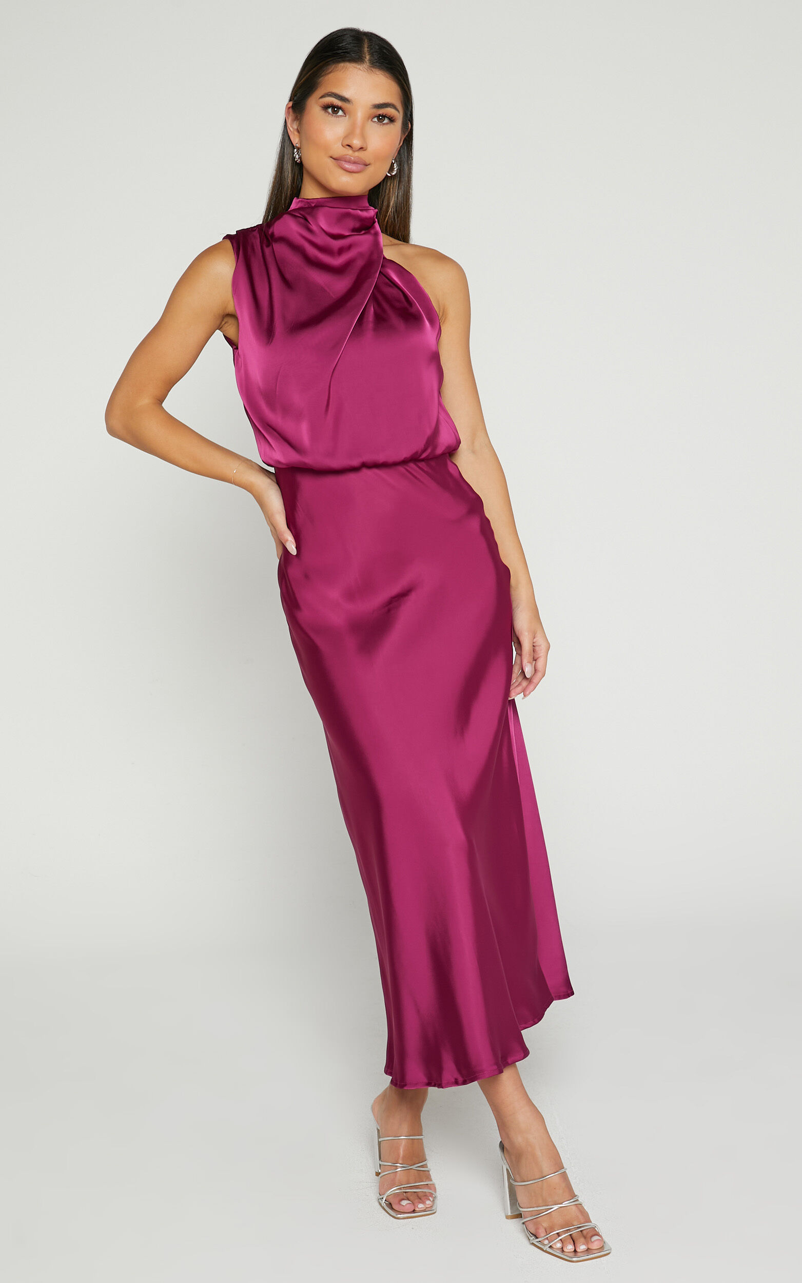 Minnie Midi Dress - Drape Neck Satin Slip Dress in Purple | Showpo USA