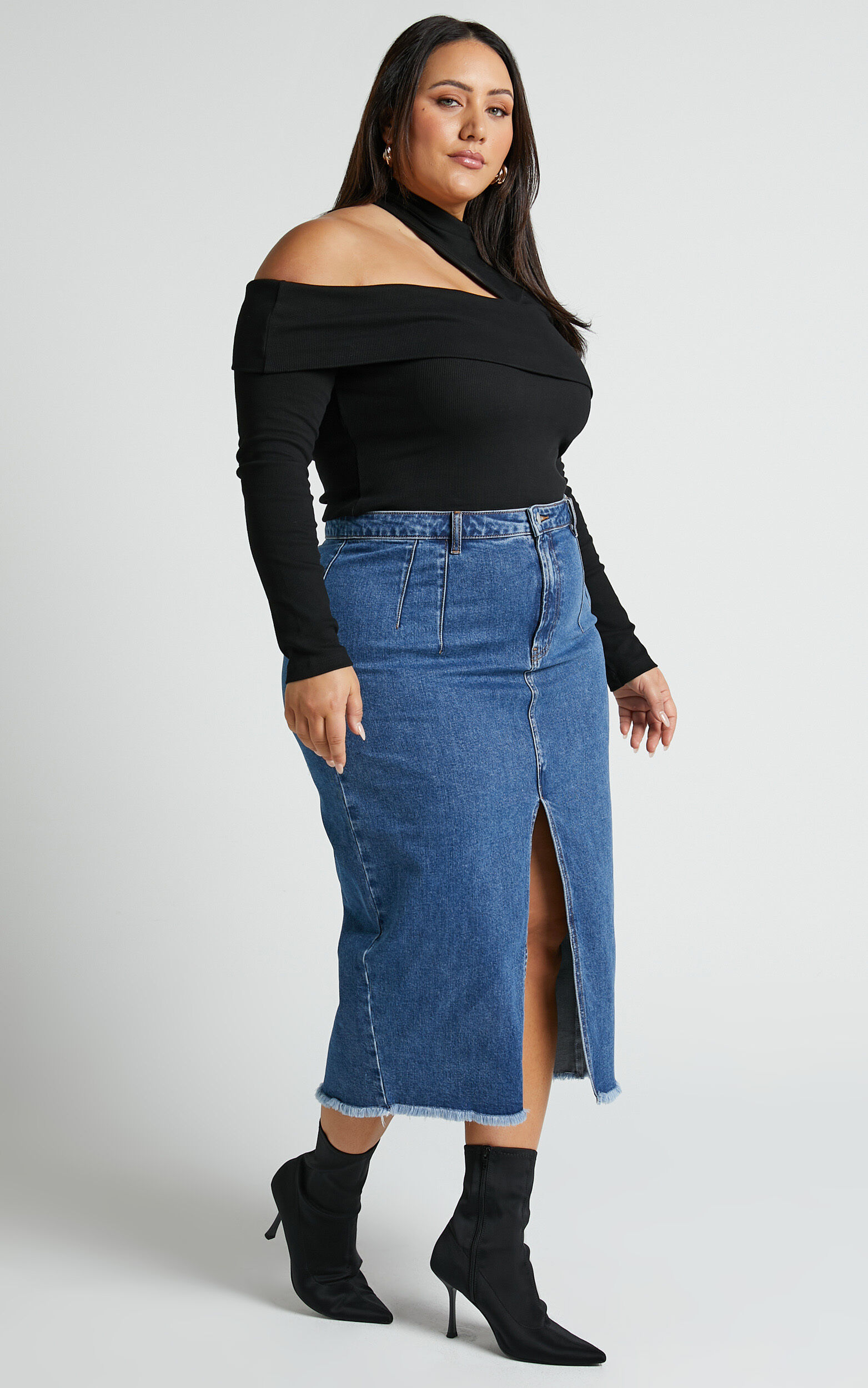 Janeve Midi Skirt - Front Split Denim Skirt in Dark Blue