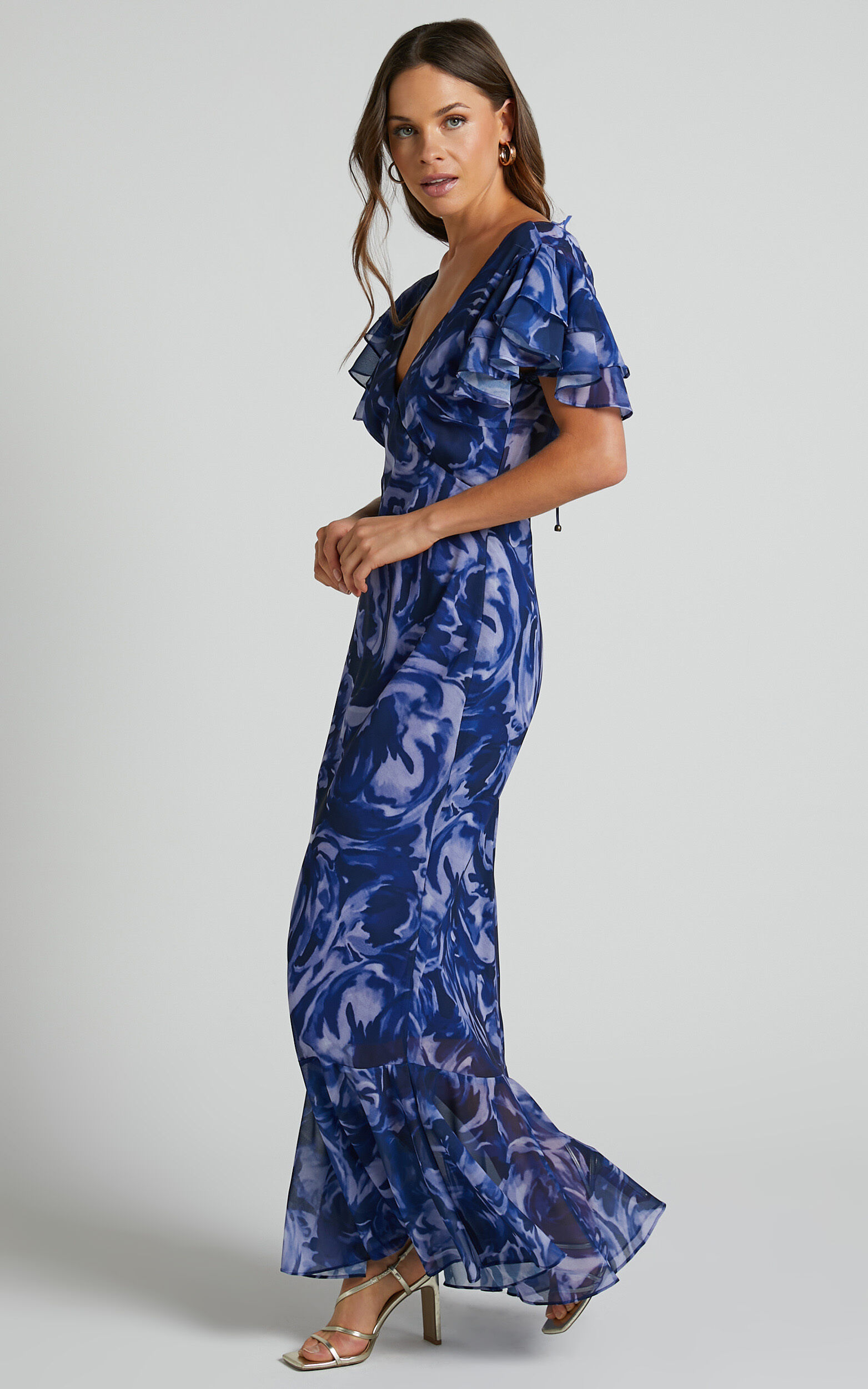 Dylana Maxi Dress V Neck Flutter Sleeve Dress In Navy Swirl Showpo Eu