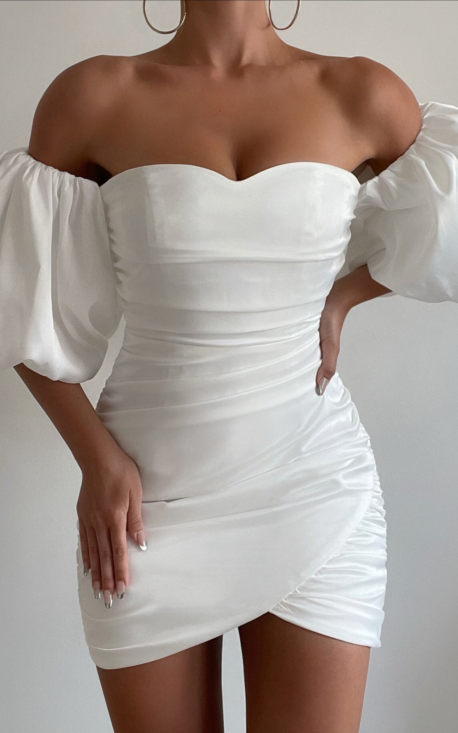 Betty Mini - Off Shoulder Puff Sleeve Gathered Dress in White | Showpo USA
