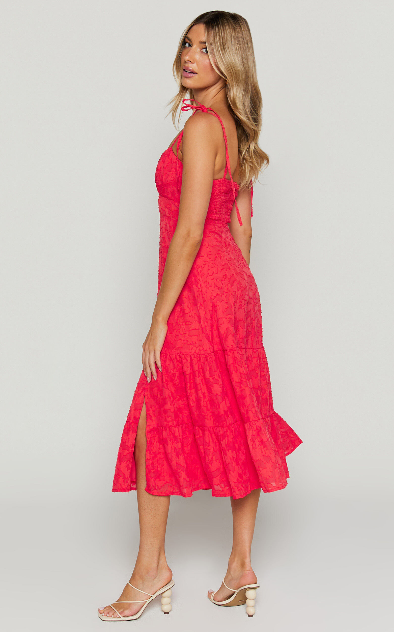 Jovena Midi Dress - Gathered Bodice Tiered Dress in Coral | Showpo USA