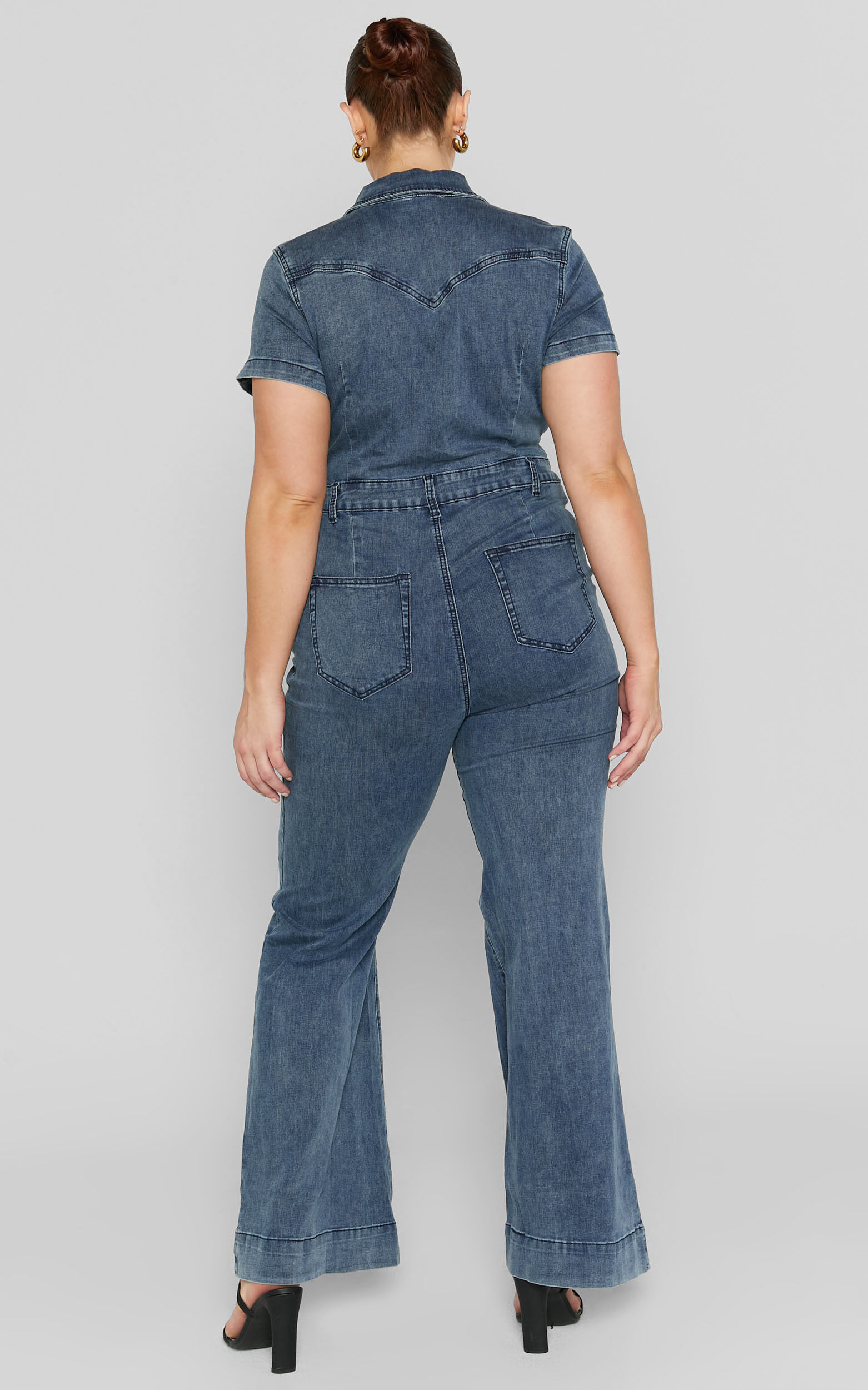 Silvena Jumpsuit - Short Sleeve Flared Denim Jumpsuit in Indigo