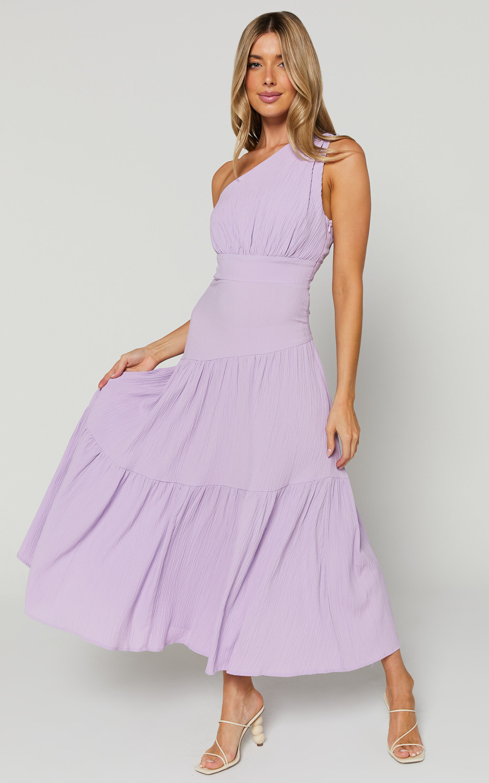 Celestia Midi Dress Tiered One Shoulder Dress In Lavender Showpo Usa