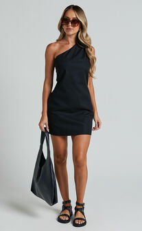 Mardelle Mini Dress - USA Showpo Look | Linen One Dress Black Asymmetric Shoulder in