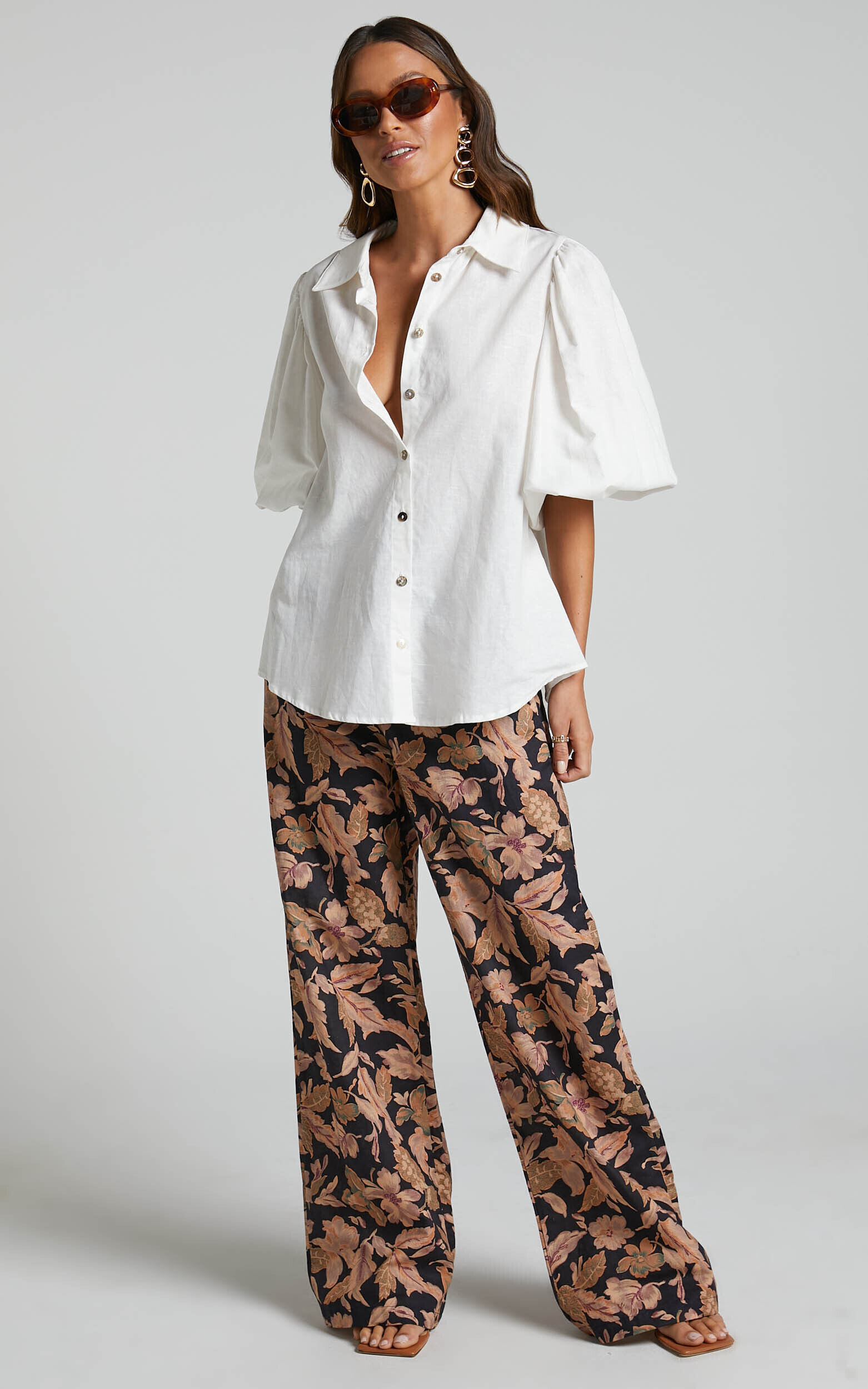 Amalie The Label - Janae Linen Look Collared Puff Sleeve Button Up