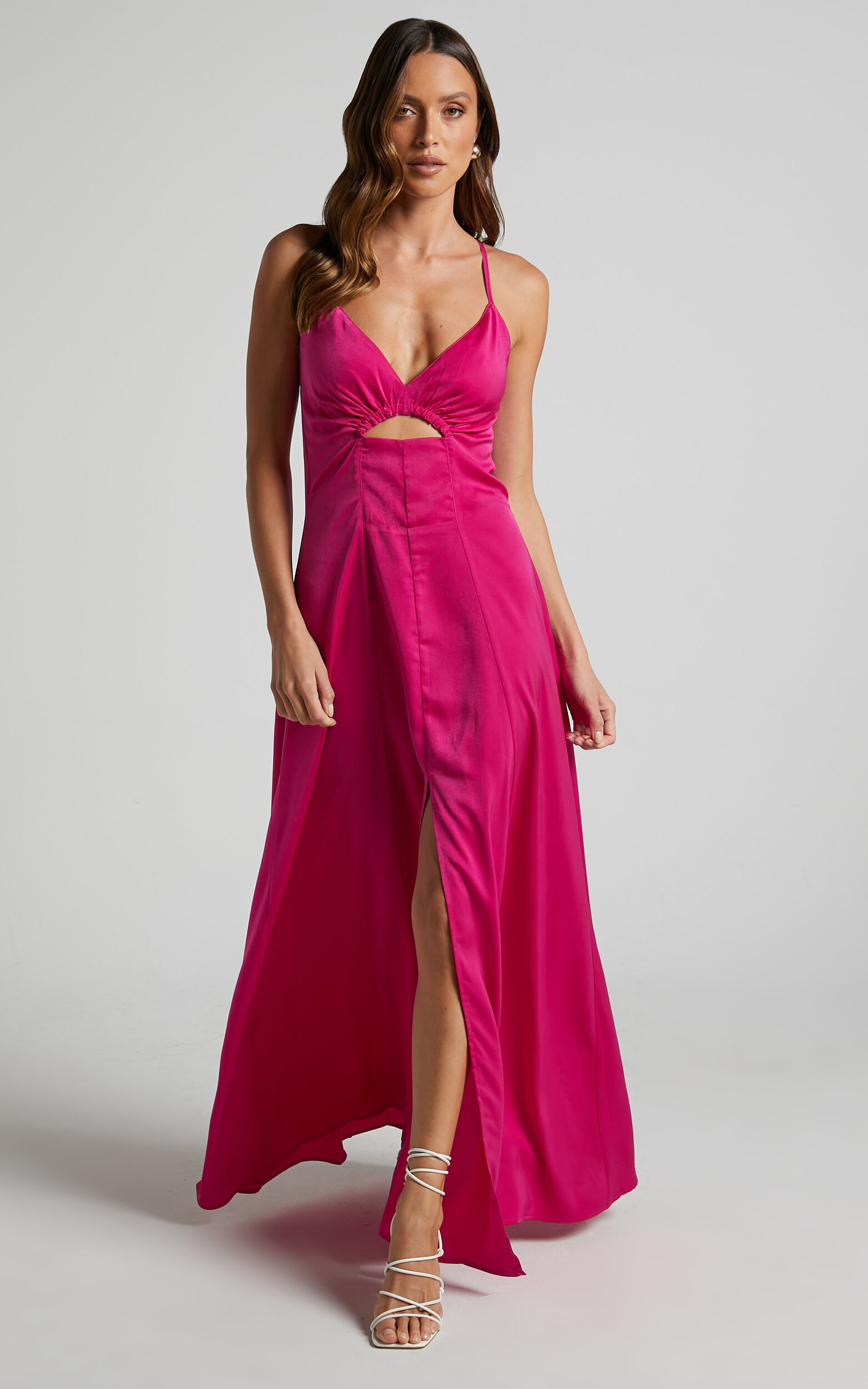 Hazella Midi Dress - V Neck Cut Out Cross Back Satin Dress in Hot Pink ...