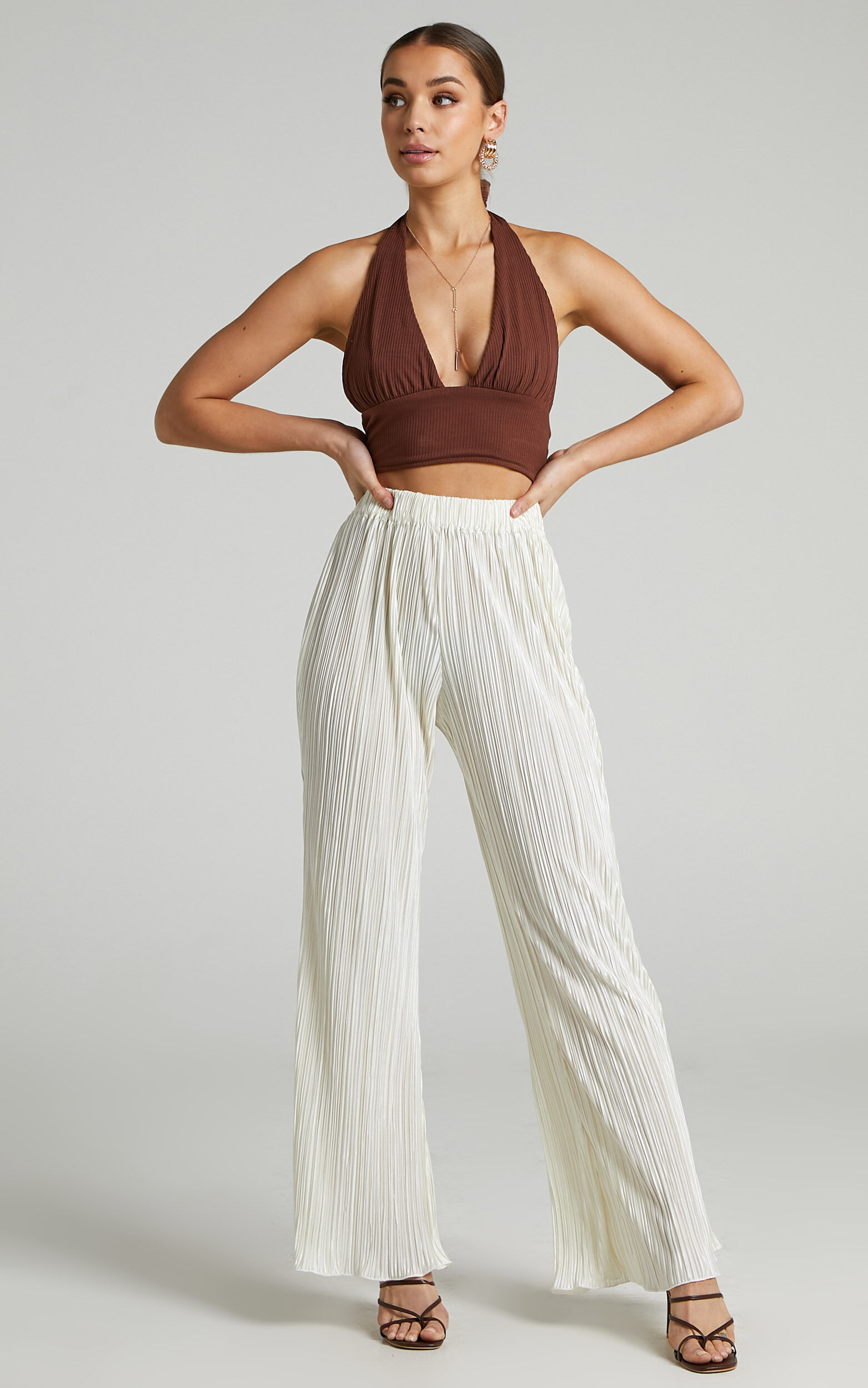 Beca Pants - High Waisted Plisse Flared Pants in Cream | Showpo USA