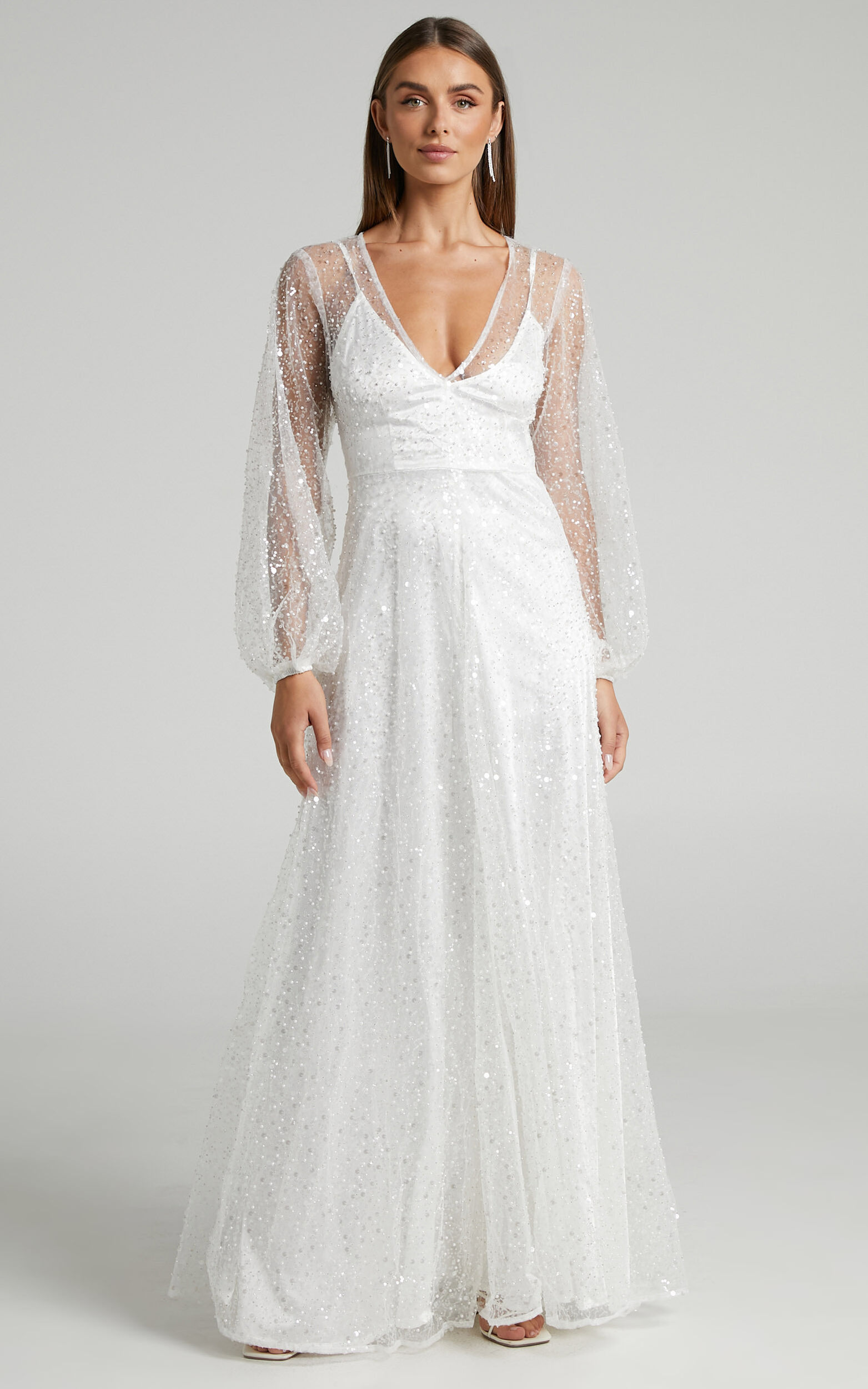 Leauna Bridal Gown - Sheer Long Sleeve Deep V Neck Embellished Tulle ...