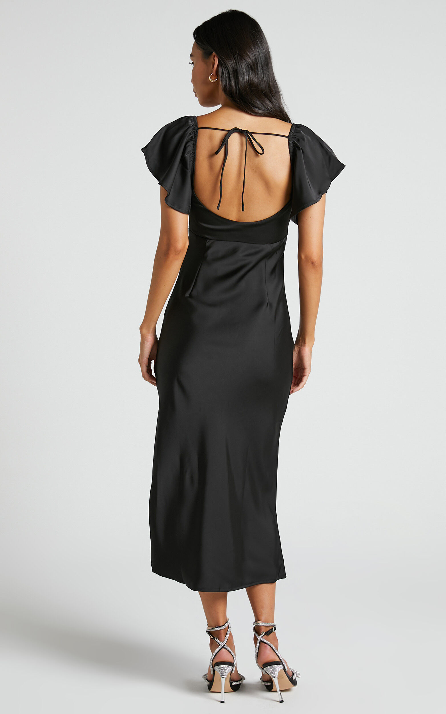 Emberlynn Midi Dress Flutter Sleeve Cut Out Satin Dress In Black Showpo Usa 0337