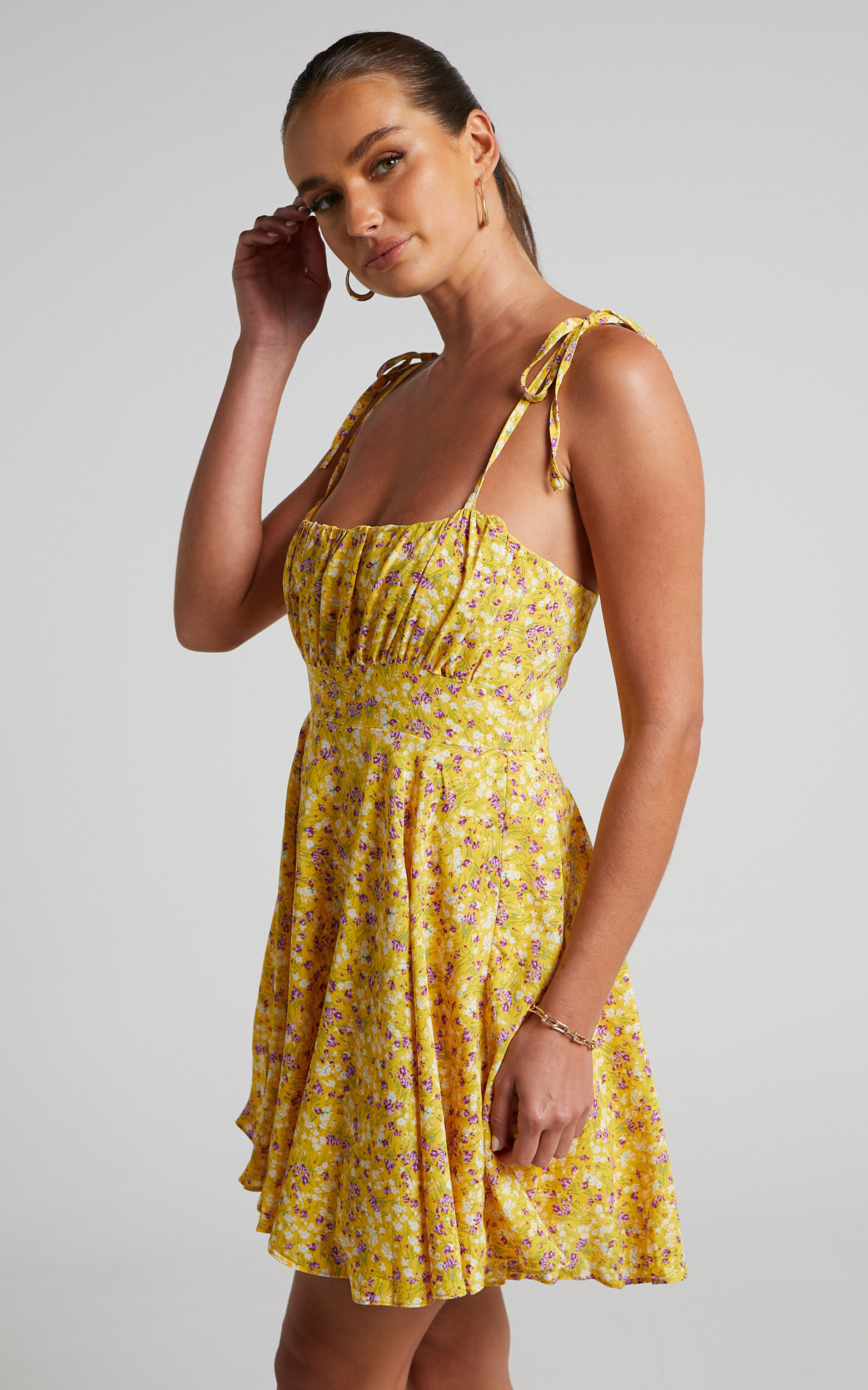 Liahna Mini Dress - Ruched Bust Tie Shoulder A-Line Dress in Yellow Floral