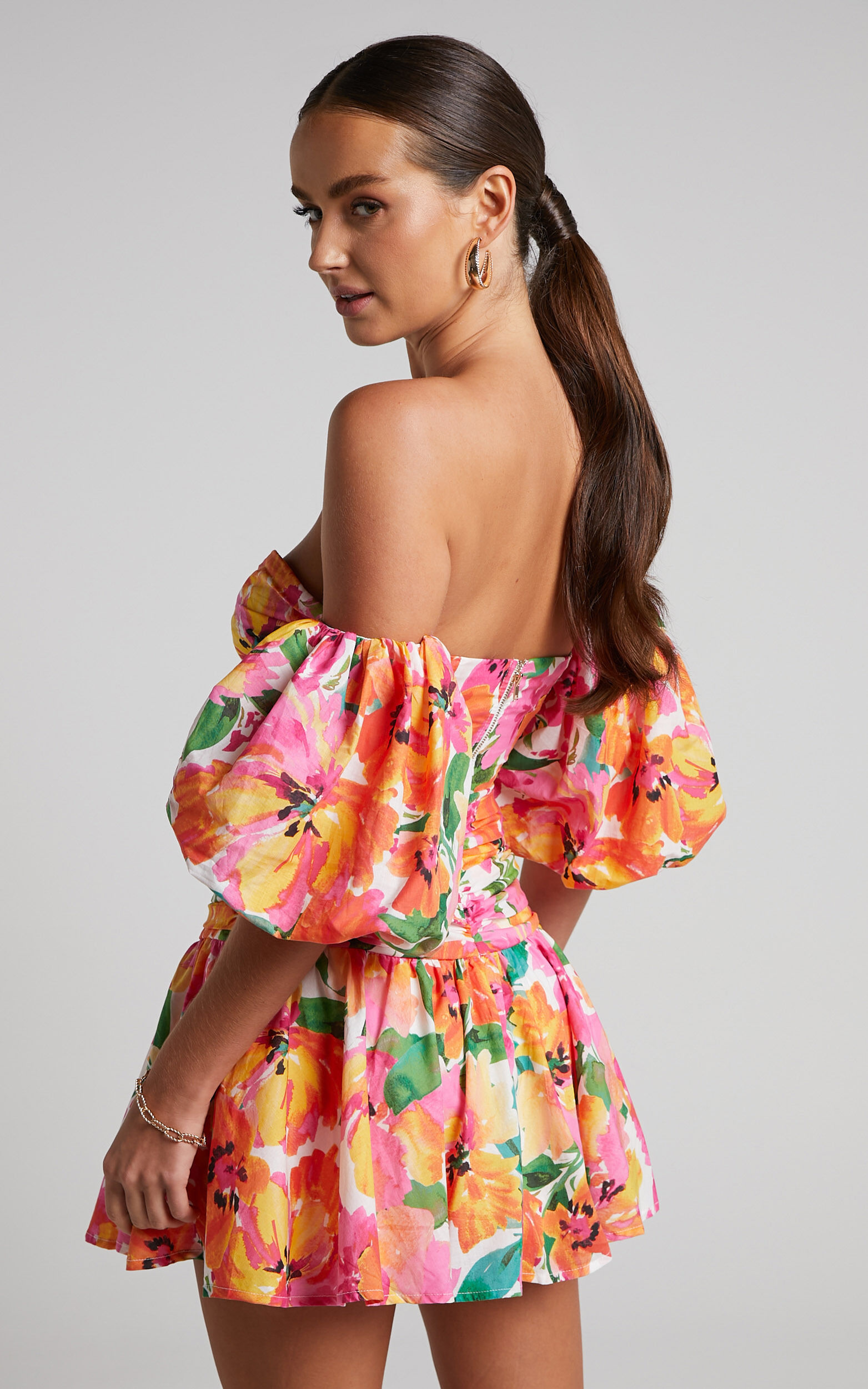 Shairah Two Piece Set - Off The Shoulder Puff Sleeve Crop Top and Drop  Waist Mini Skirt in Bloom