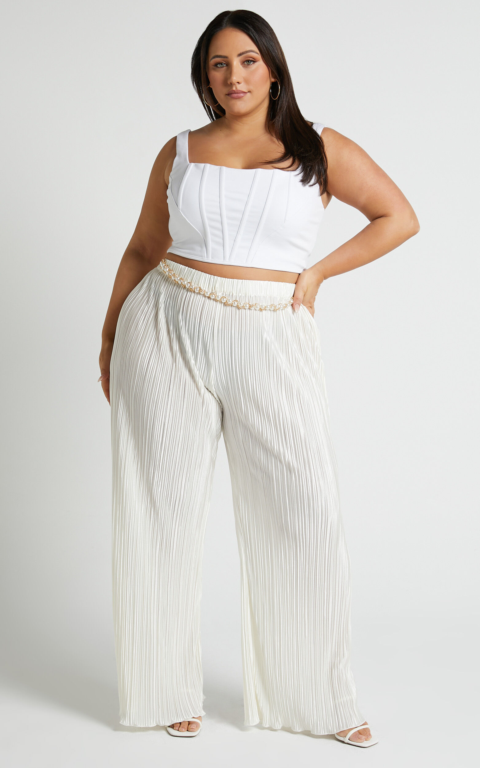 Beca Pants - High Waisted Plisse Flared Pants in Cream | Showpo USA