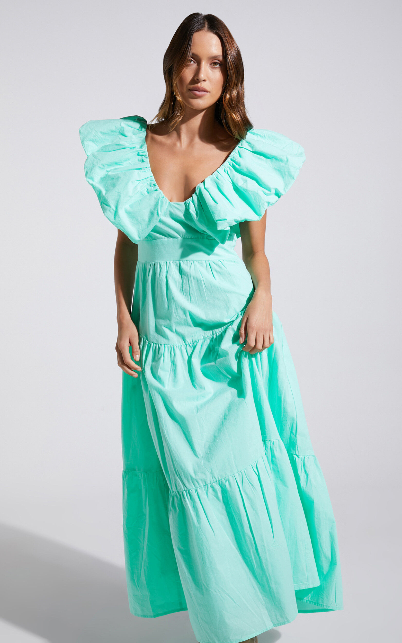 Laurah Dress - Ruffle V Neck Tiered Midi Dress in Mint | Showpo USA