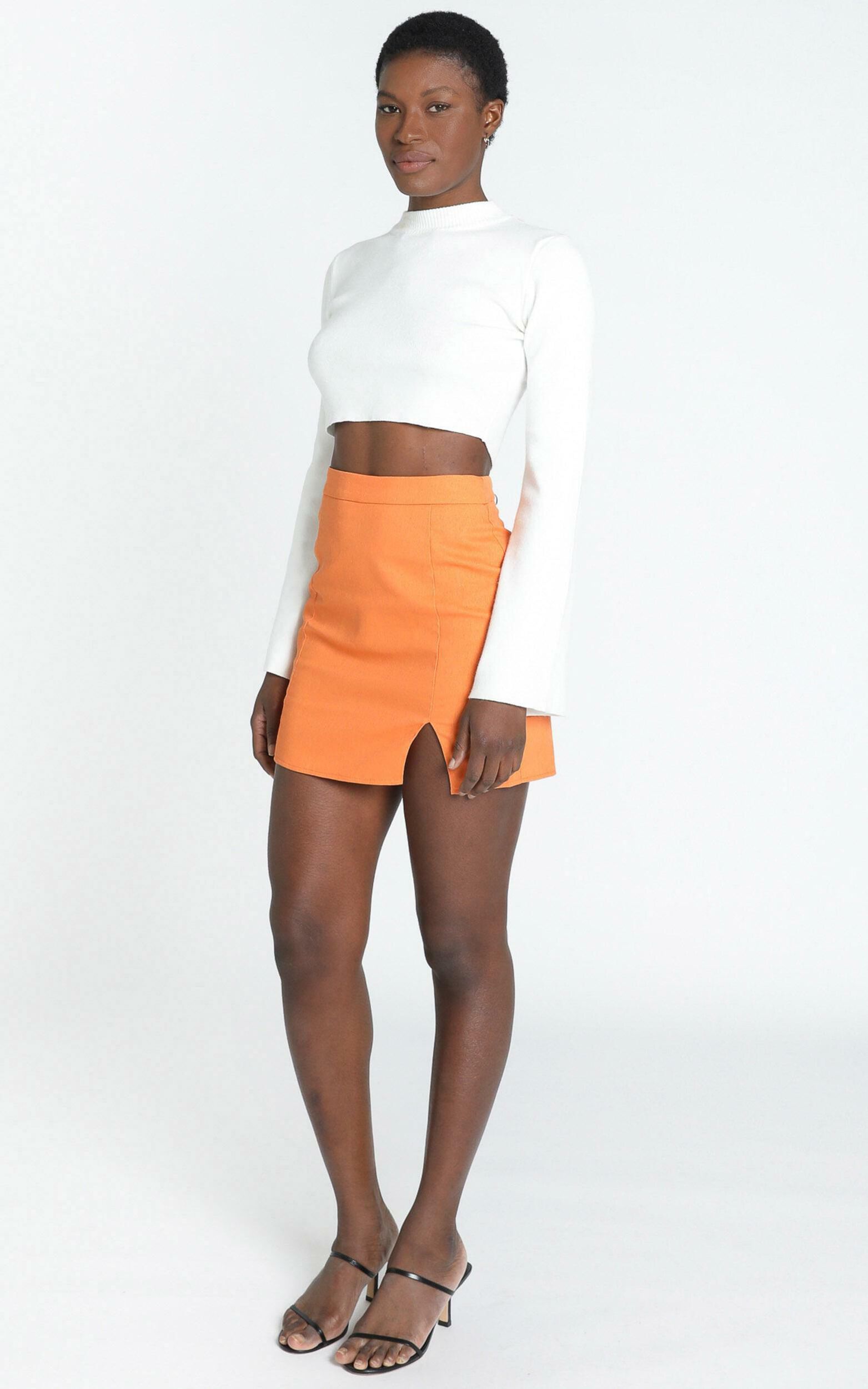 International Babe Mini Skirt in Tangerine Linen Look | Showpo USA