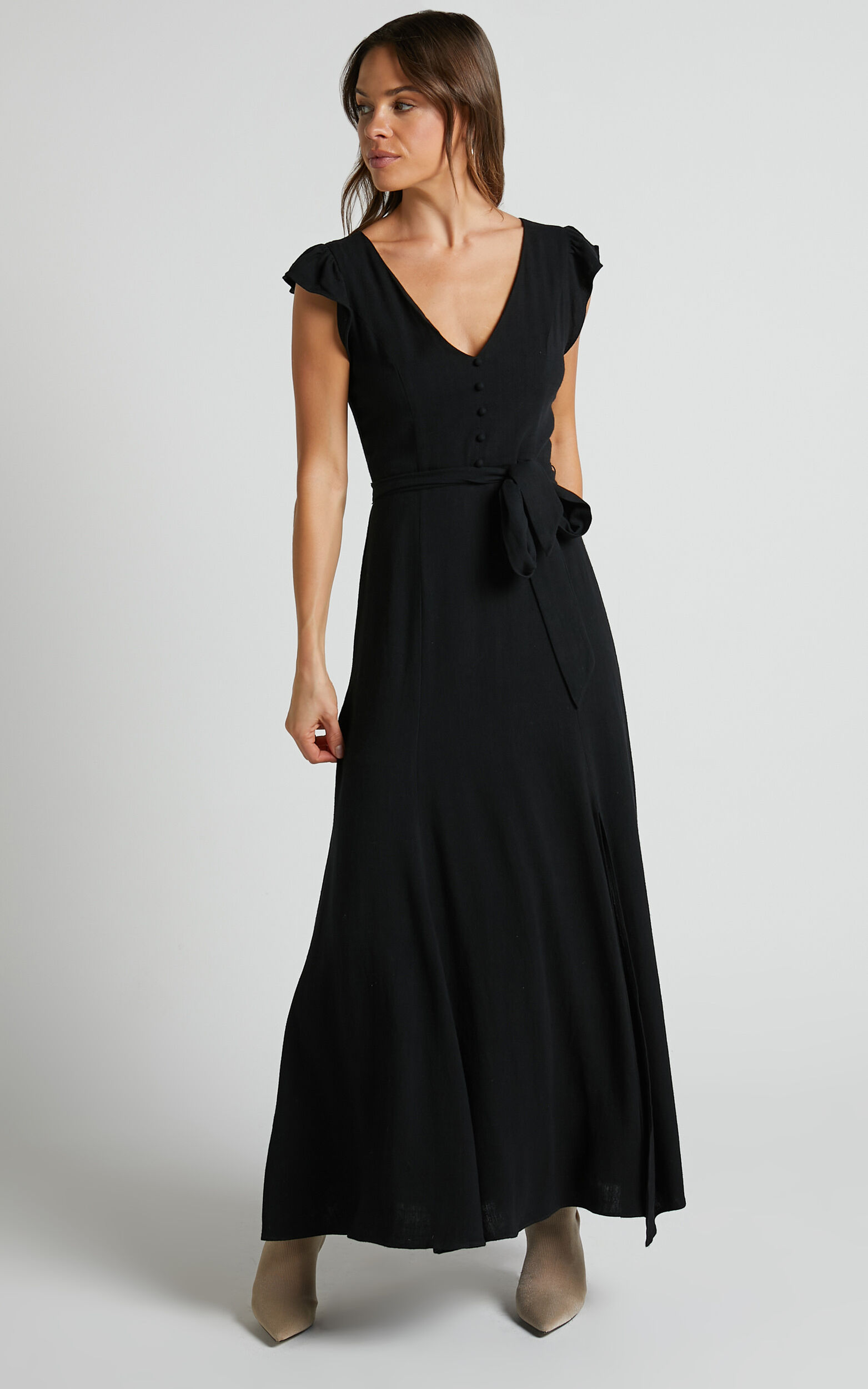 Vance Midi Dress - Linen Look Open Back Dress in Black | Showpo USA