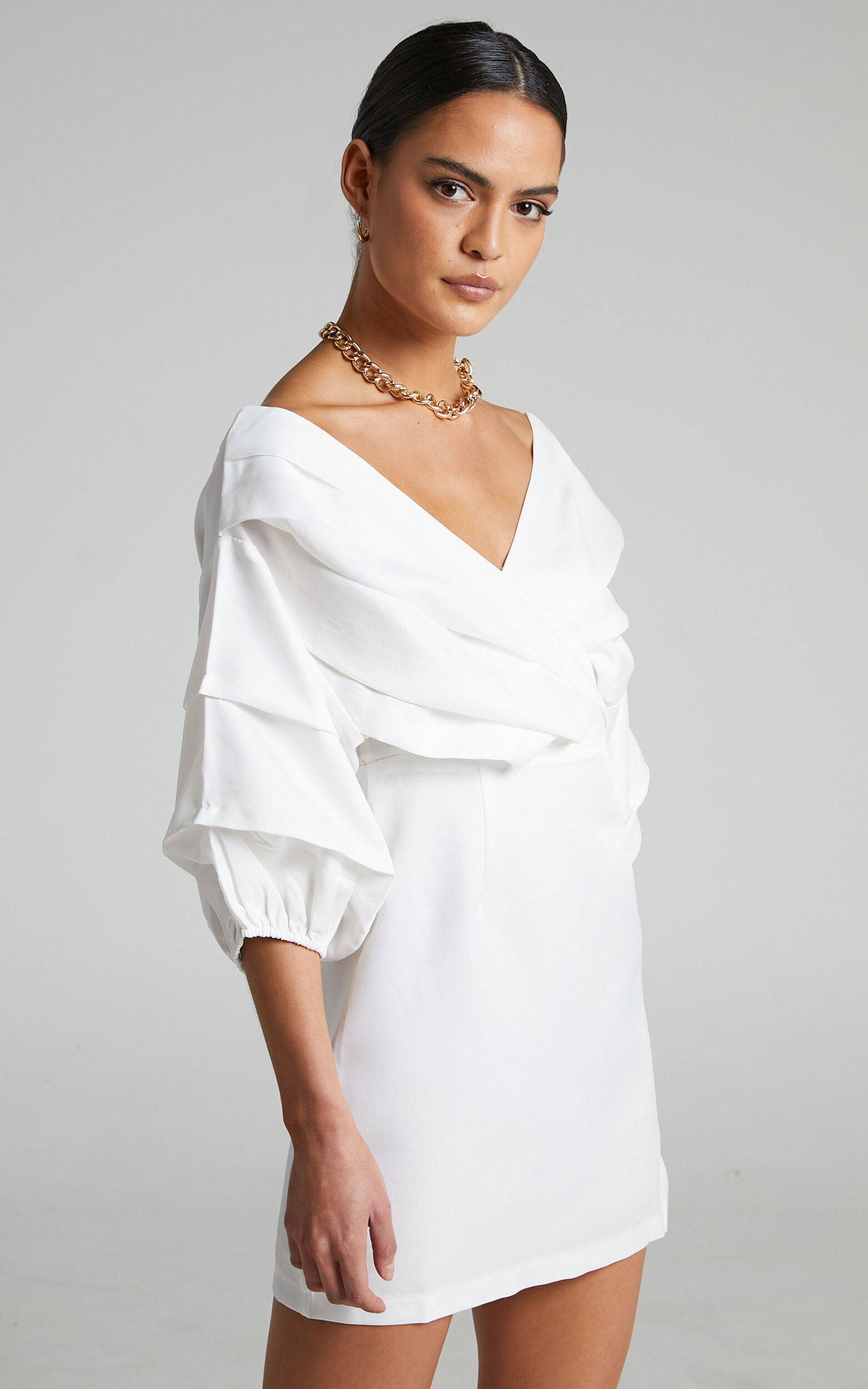 Anastasija Mini Dress - Off Shoulder V Neck Dress in White | Showpo USA