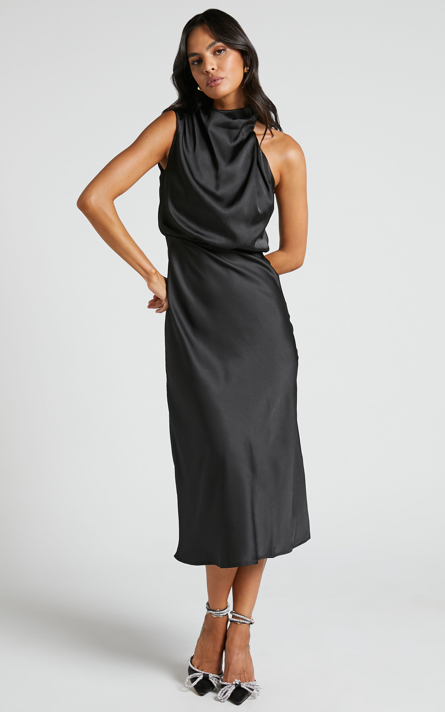 Minnie Midi Dress - Drape Neck Satin Slip Dress in Black | Showpo NZ