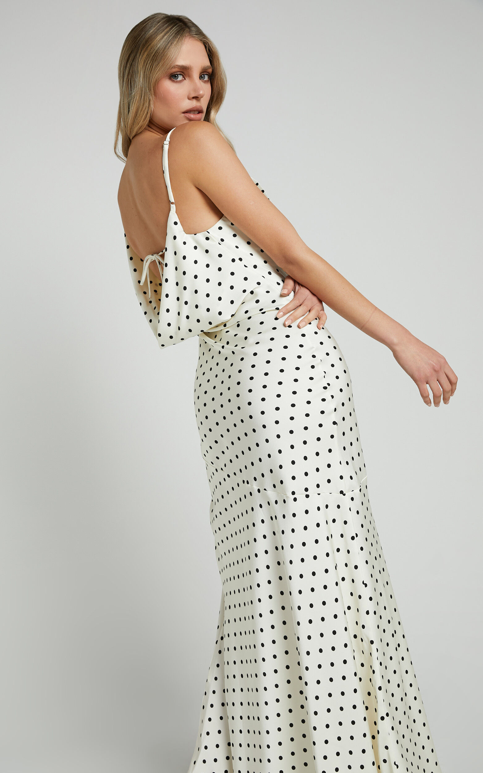 Ambrosia Midi Dress Asymmetrical Neck Strappy Thigh Split Cowl Back Slip Dress In White Polka 8223