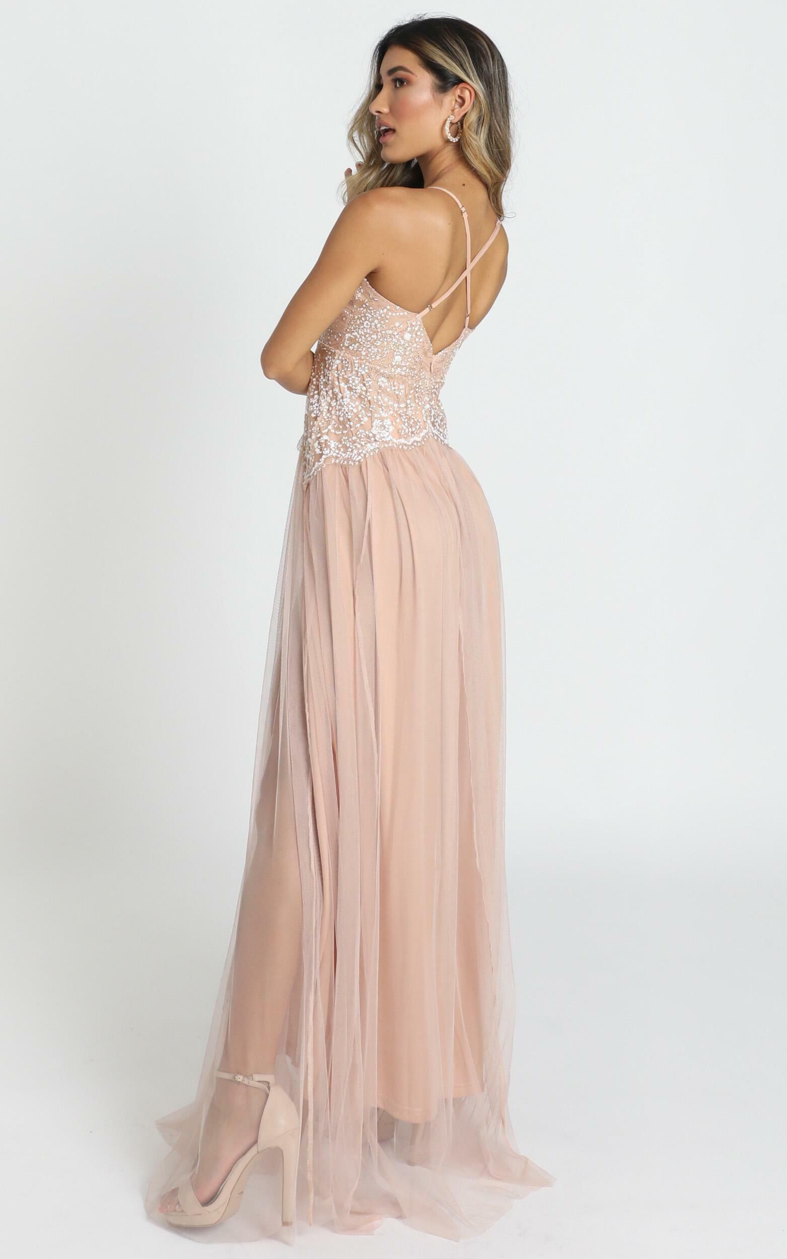 peach and rose gold dress