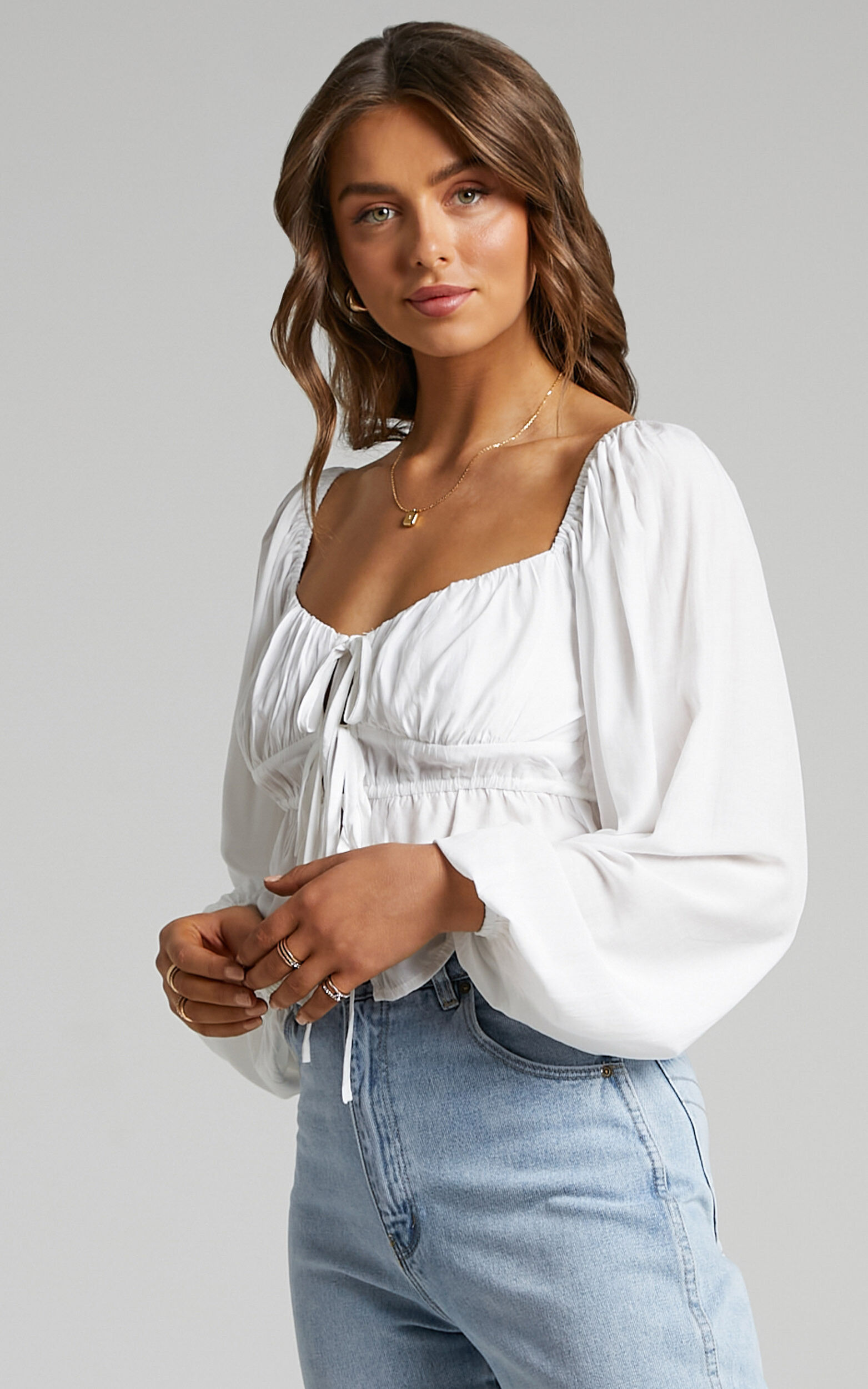 Nadine Top - Long Sleeve Ruched Bust Top in White | Showpo USA
