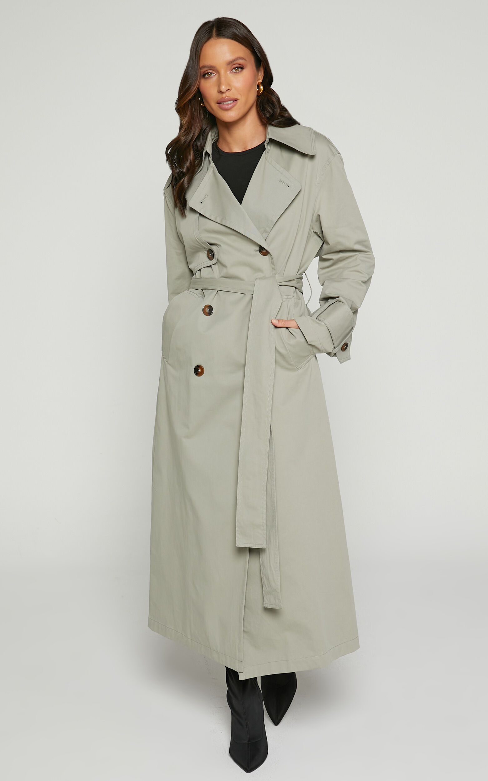 Avah Trench Coat - Double Breasted Tie Waist Coat in Washed Khaki