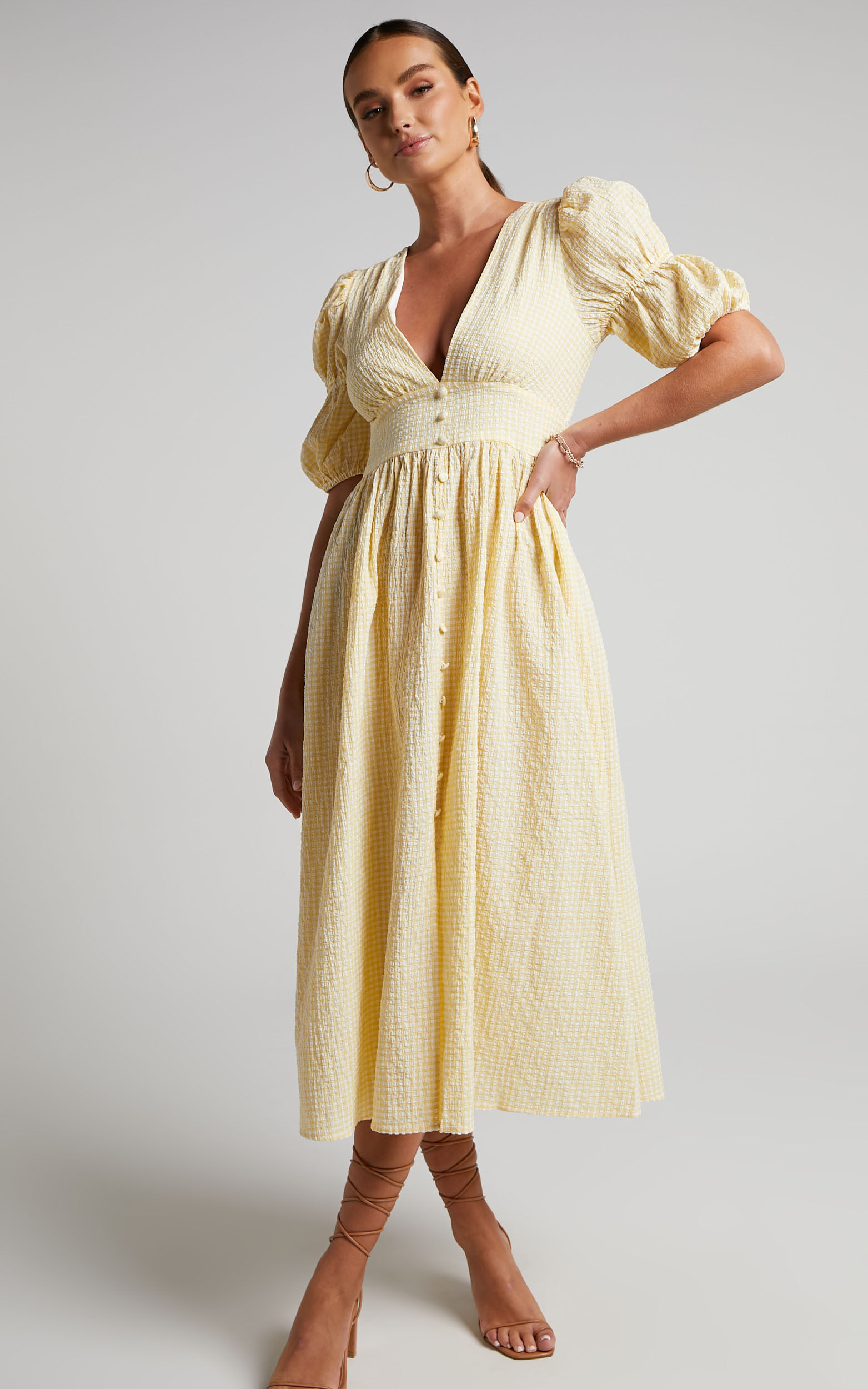 Augusta Midi Dress - Button Detail V Neck Double Puff Sleeve Dress in  Butter Yellow