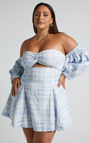 Amalie Linen The Sleeve Off - | Showpo Twist Emerita Mini Label Dress Blend Check Blue USA Chieti Puff Shoulder in