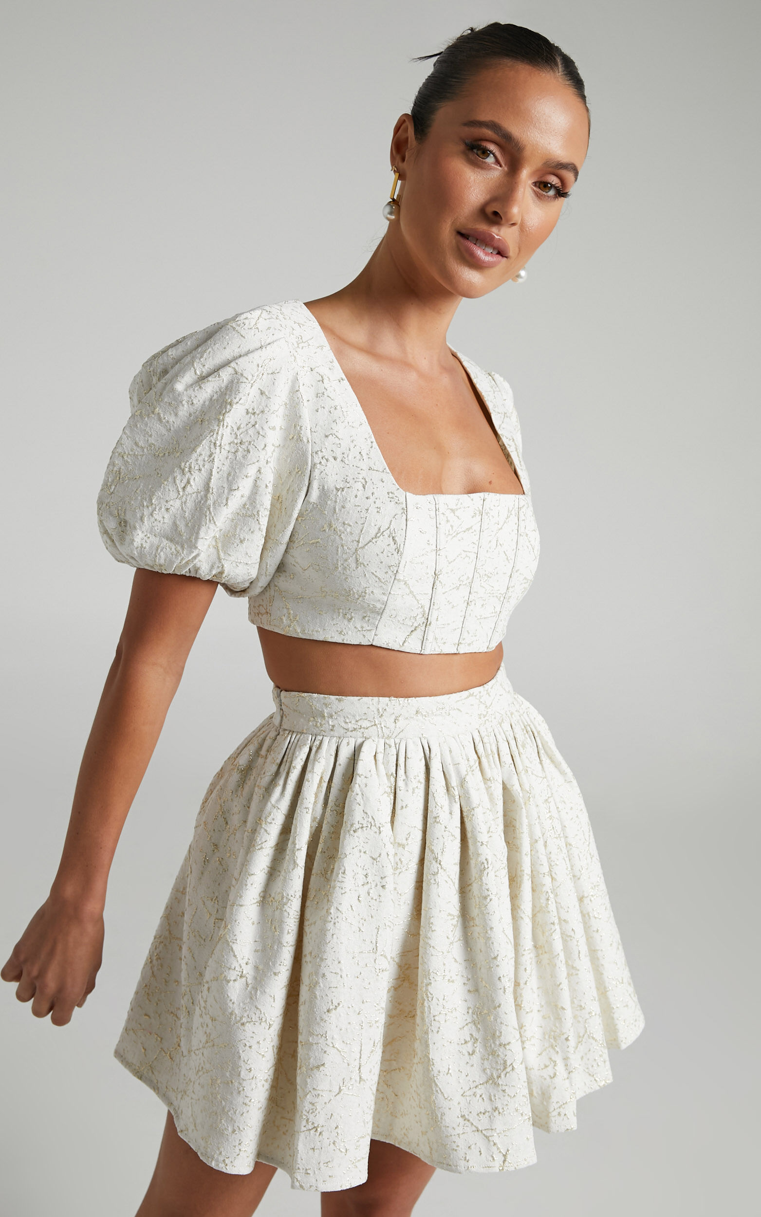 Clarie Lurex Jacquard Puff Crop Top and Flare Mini Skirt Two Set in | Showpo USA