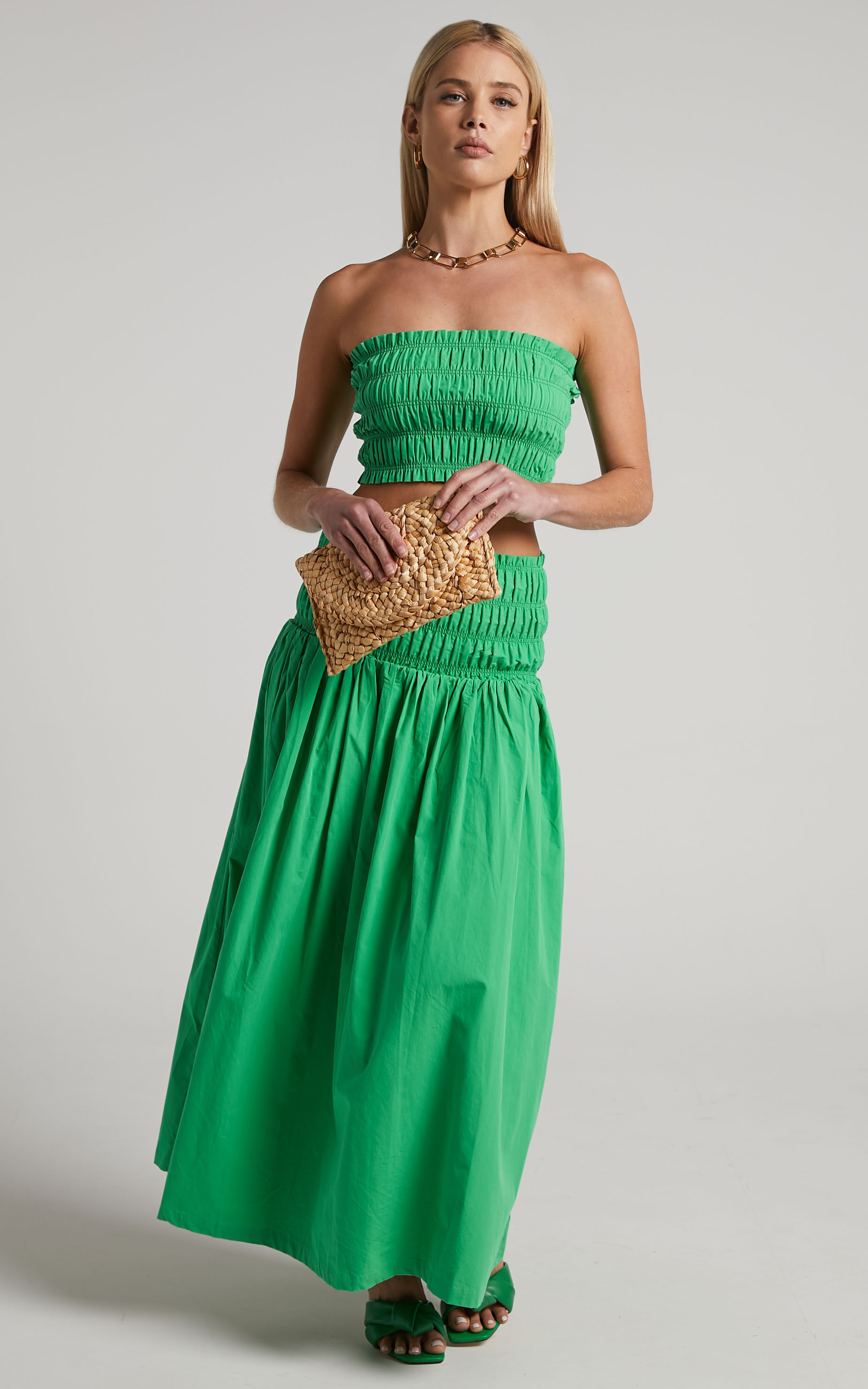 Haydie Two Piece Set - Shirred Bandeau Crop Top and Maxi Skirt in Green