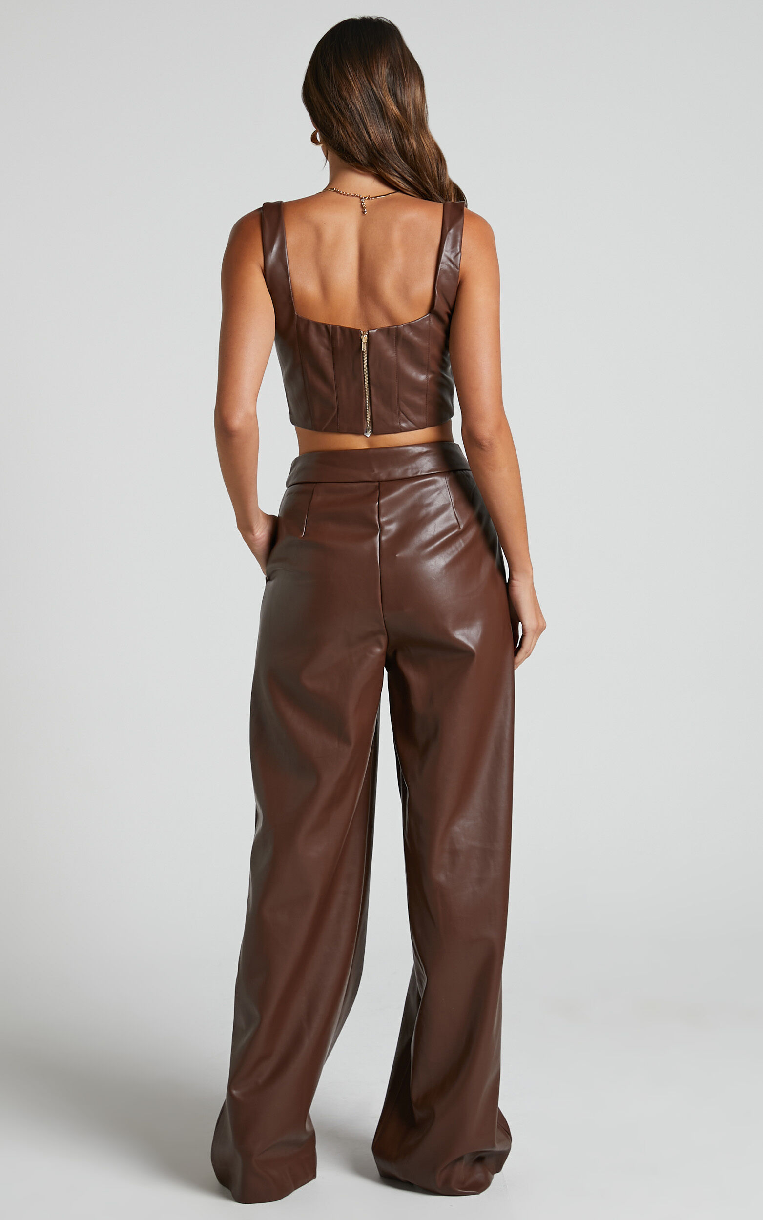 Minx - High Waisted Faux Leather Wide Leg Trousers in Chocolate