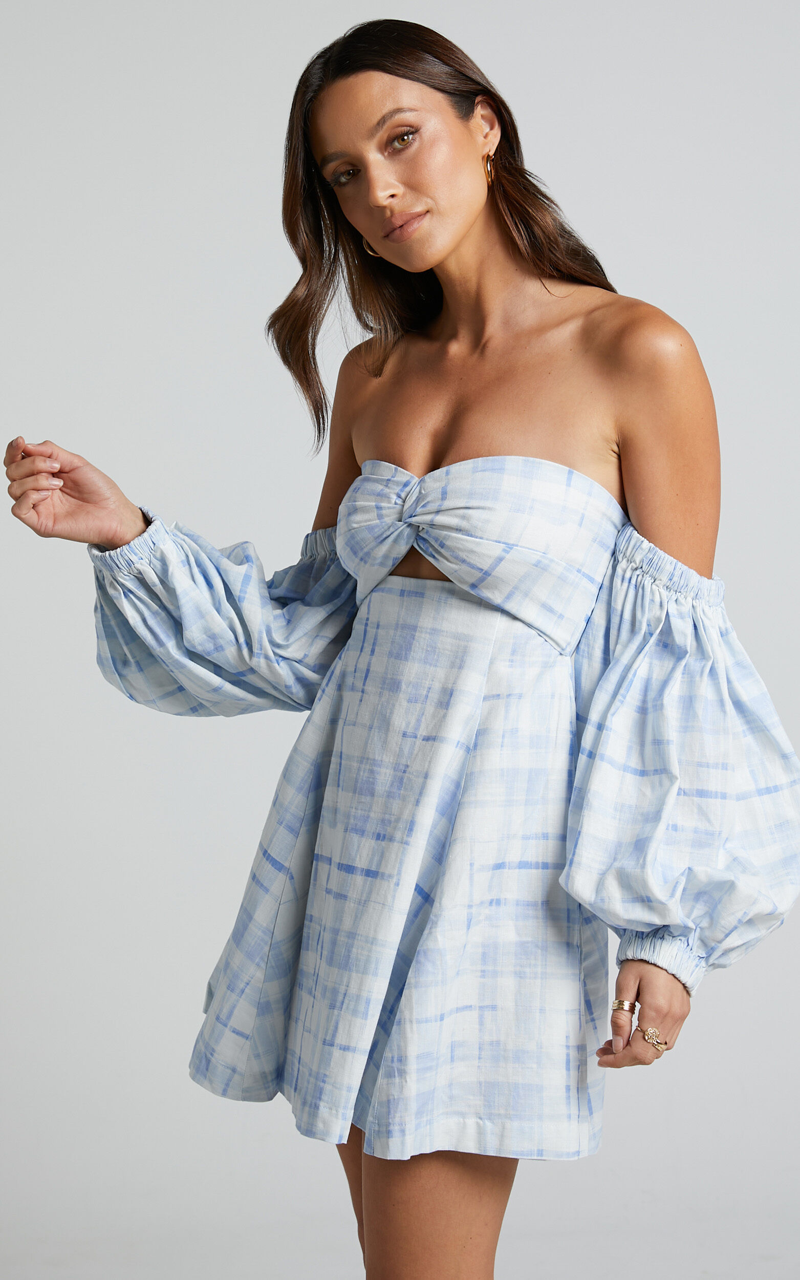 Chieti Label Dress Check Mini Emerita Twist Blend - Sleeve Puff Linen | Off Showpo Blue Amalie USA Shoulder in The
