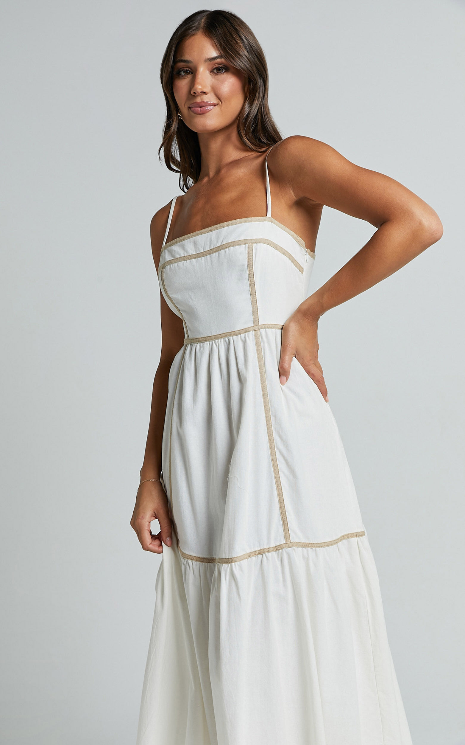 Chanika Midi Dress - Straight Neck Sleeveless Tiered Dress in White with  Beige Contrast