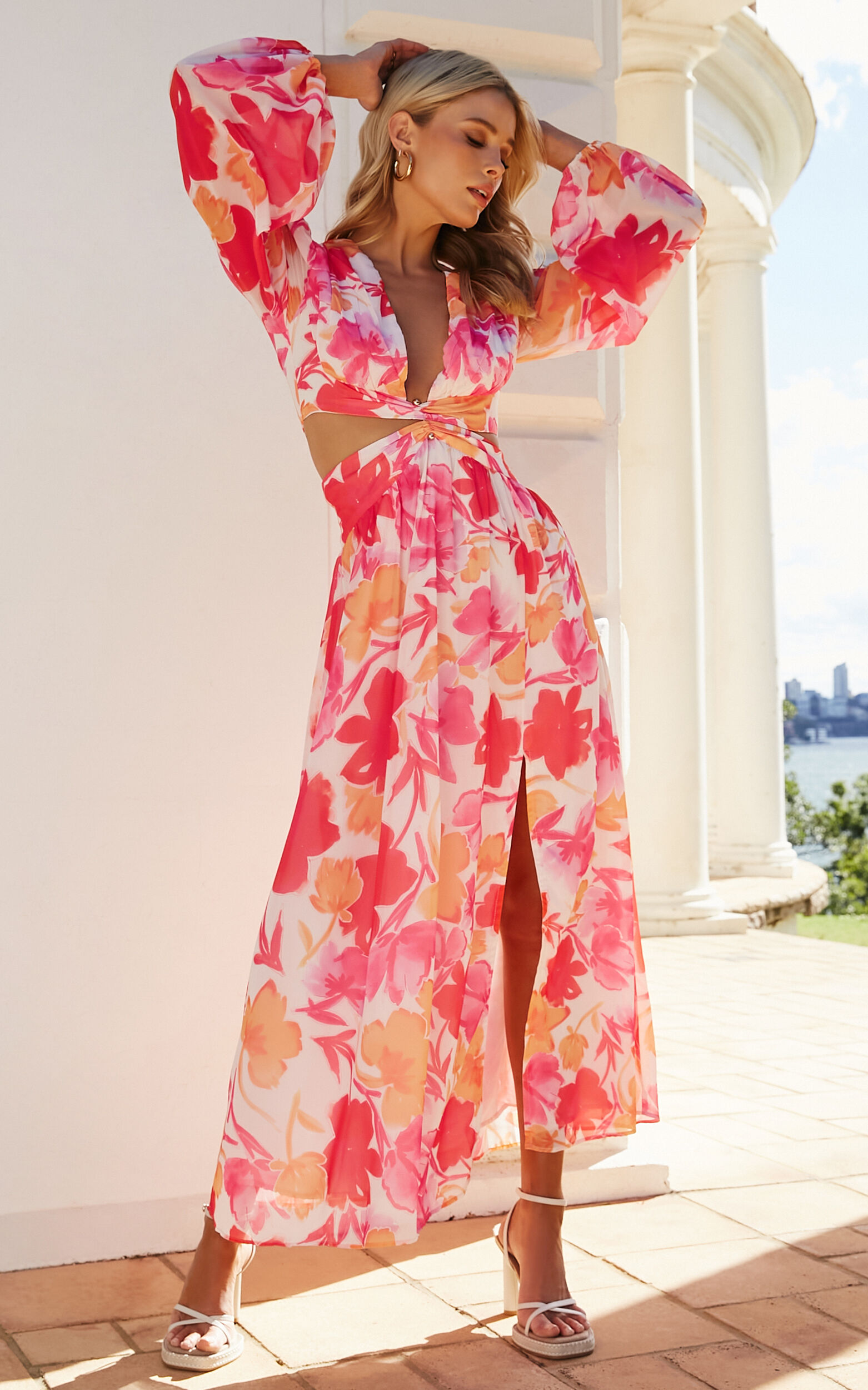 Emilee Midi Dress - Side Cut Out Long Sleeve Plunge Dress in Pink