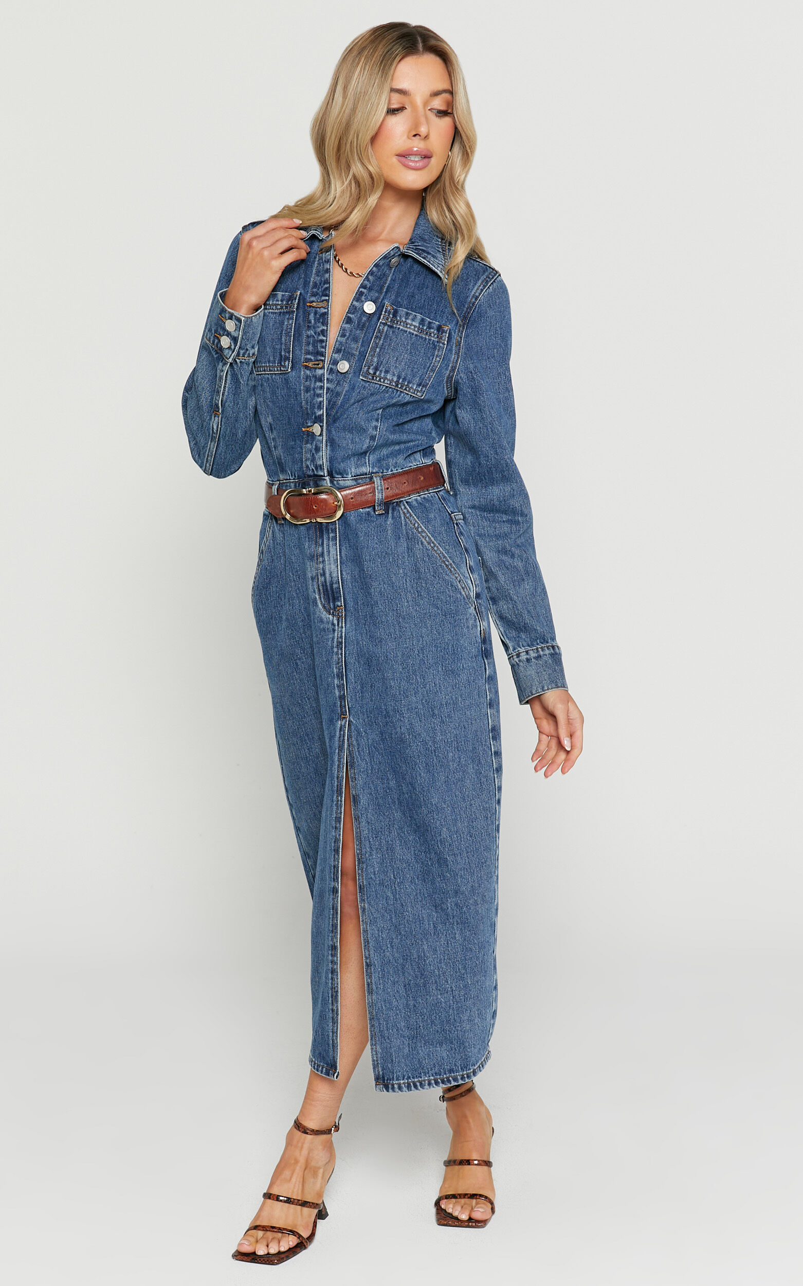 Alison Midi Dress - Long Sleeve Front Split Denim Dress in Mid