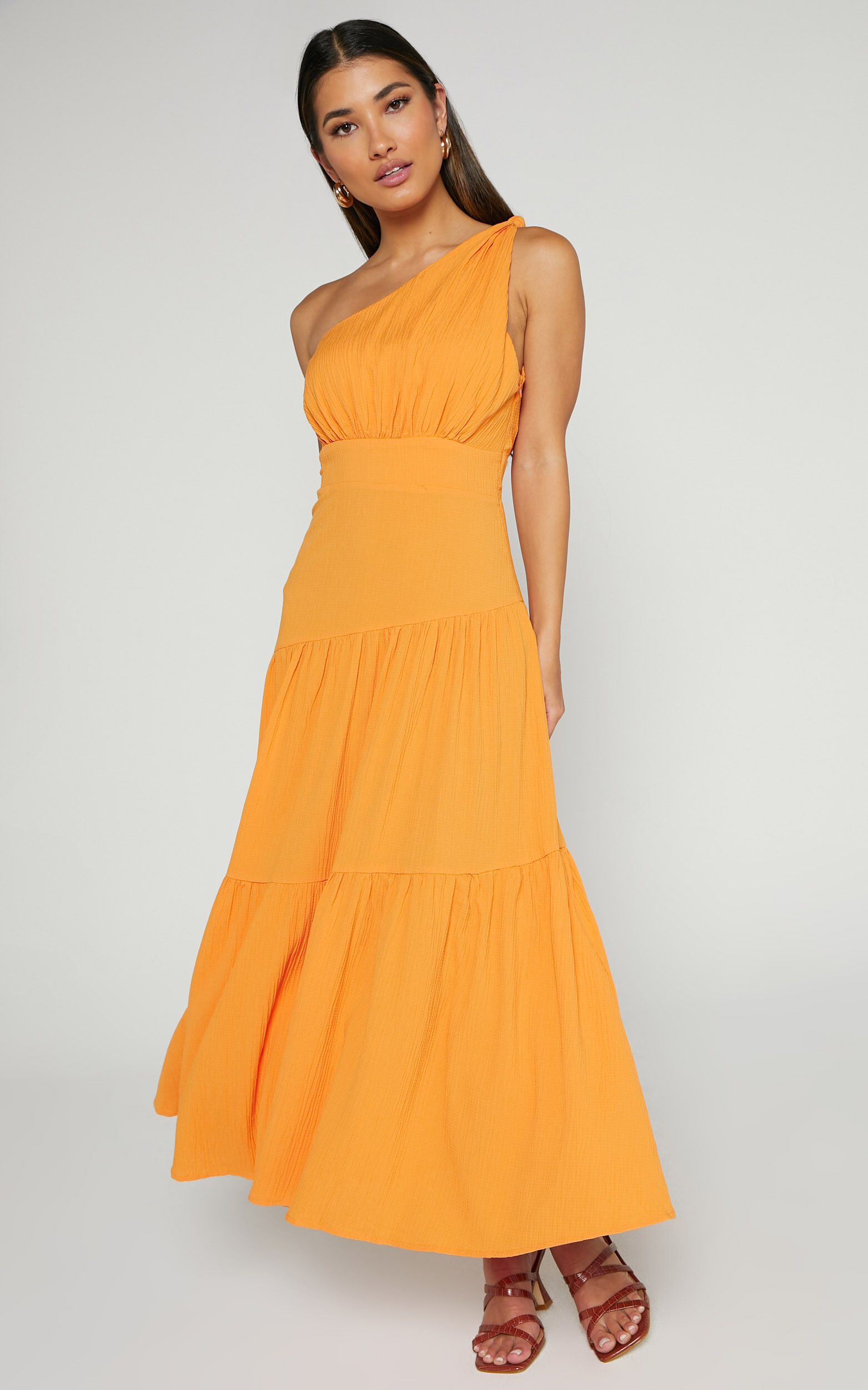 Celestia Midaxi Dress Tiered One Shoulder Dress In Mango Showpo Usa