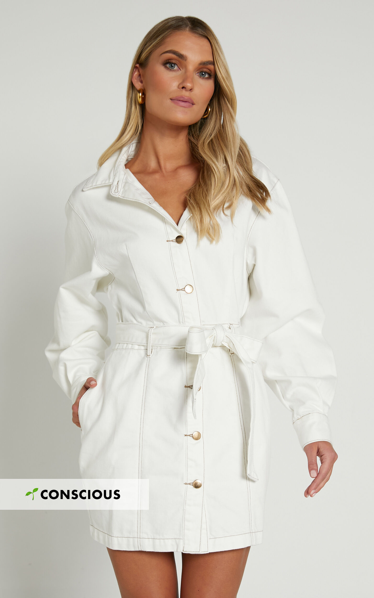 Desi Mini Dress - Long Sleeve Collared Button Through Denim Dress in Off  White
