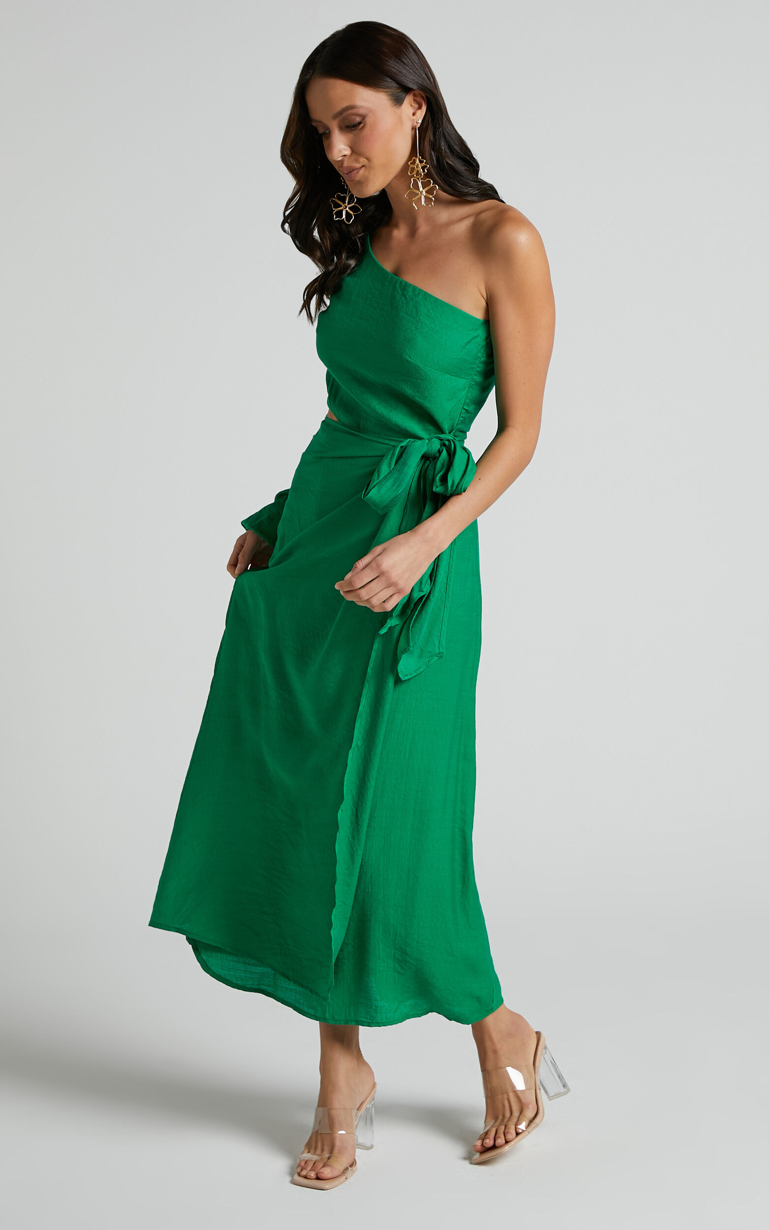 Savannah Midi Dress - One Shoulder Long Sleeve Cut Out Wrap Skirt in Green