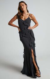 Nitha Maxi Dress - Aysmmetrical Frill Thigh Slit Dress in Black Polka ...